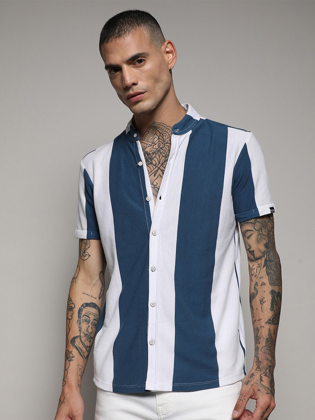 Campus Sutra Blue & White Classic Striped Band Collar Cotton Casual Shirt