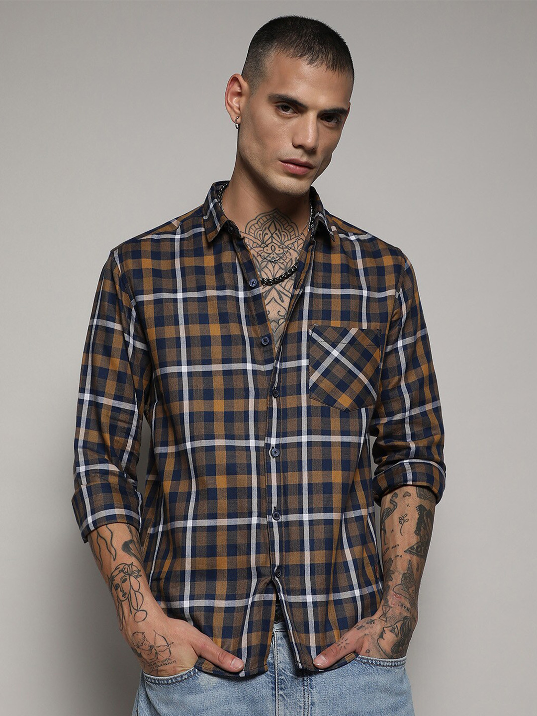 Campus Sutra Mustard Yellow, Blue & White Classic Tartan Checked Cotton Casual Shirt