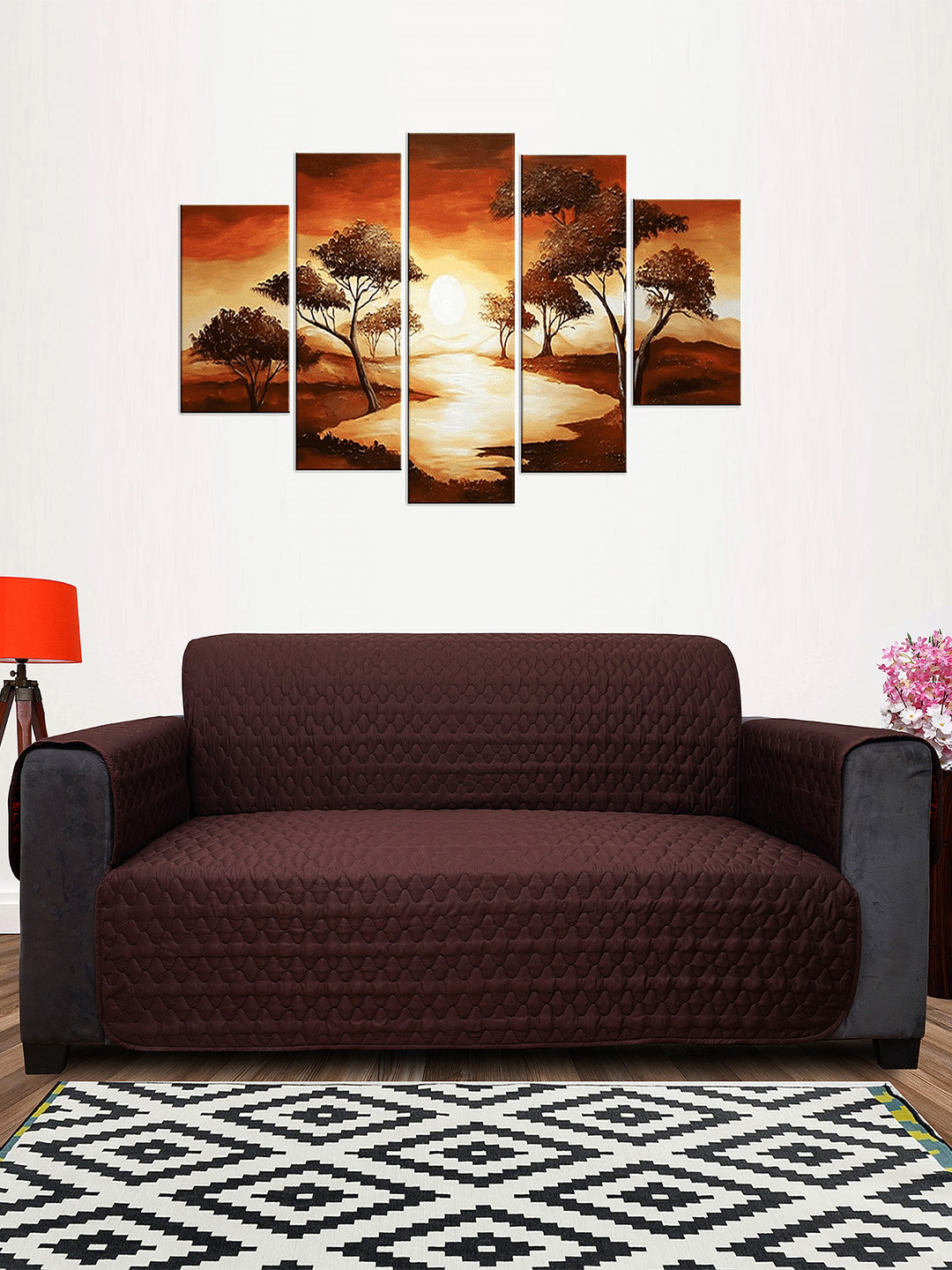 DREAM CARE Maroon & Coffee Brown 3 Layer Soft Quilted Reversible 4-Seater Sofa Cover