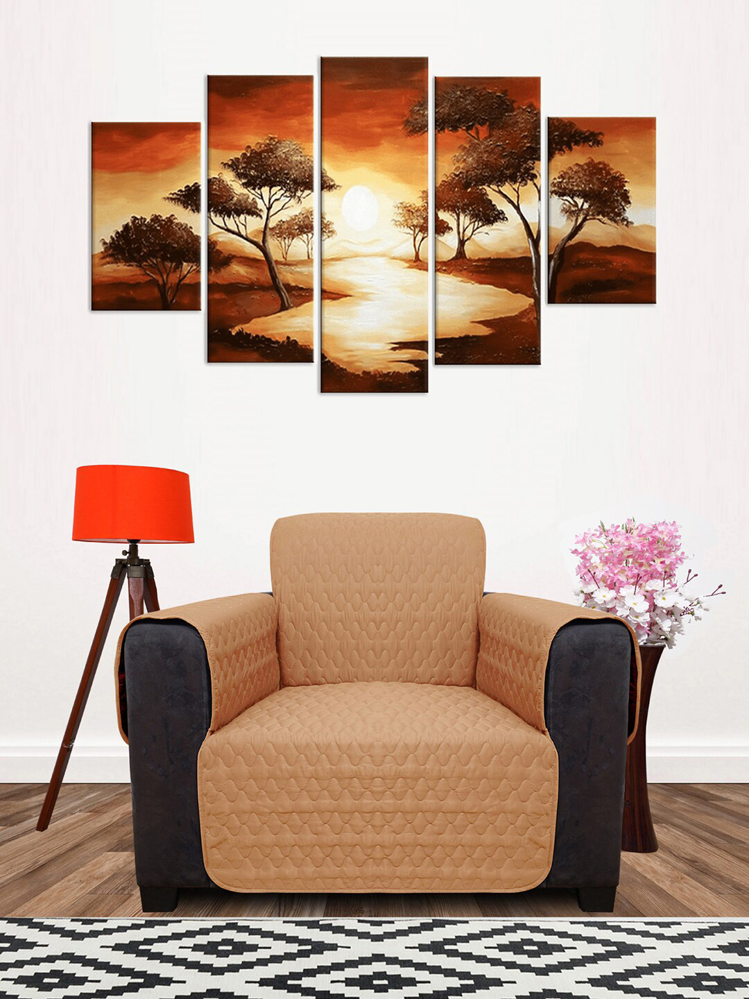 DREAM CARE Beige & Maroon 3 Layer Soft Quilted Reversible Sofa Cover