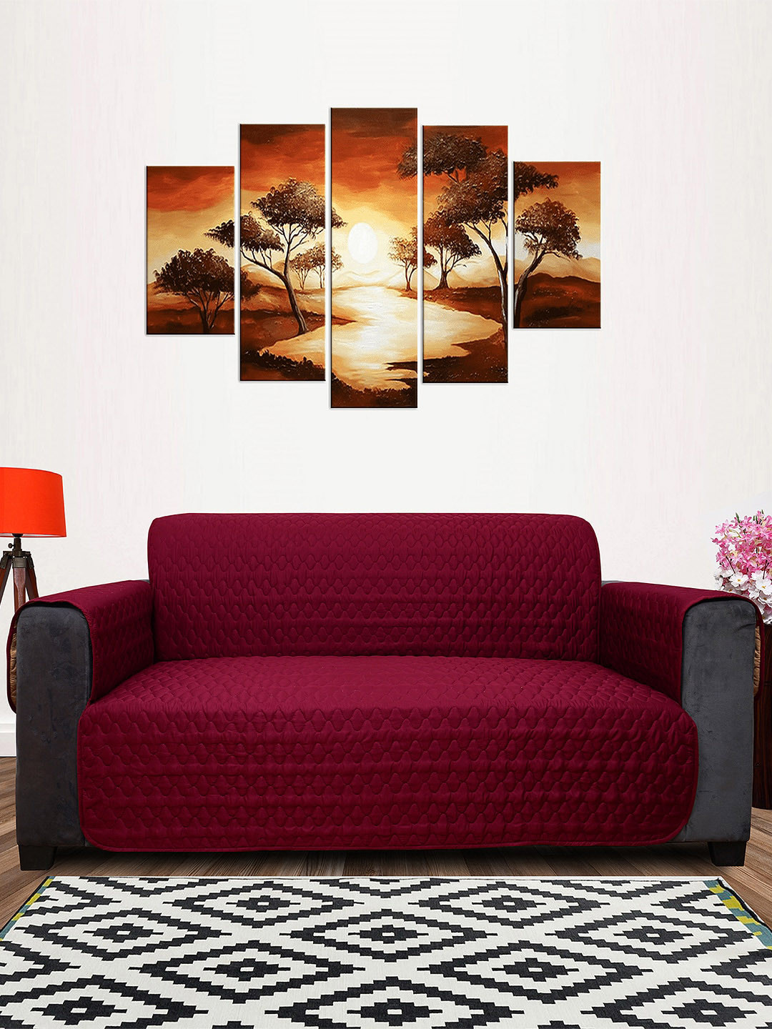 DREAM CARE Beige & Maroon 3 Layer Soft Quilted Reversible 3-Seater Sofa Cover