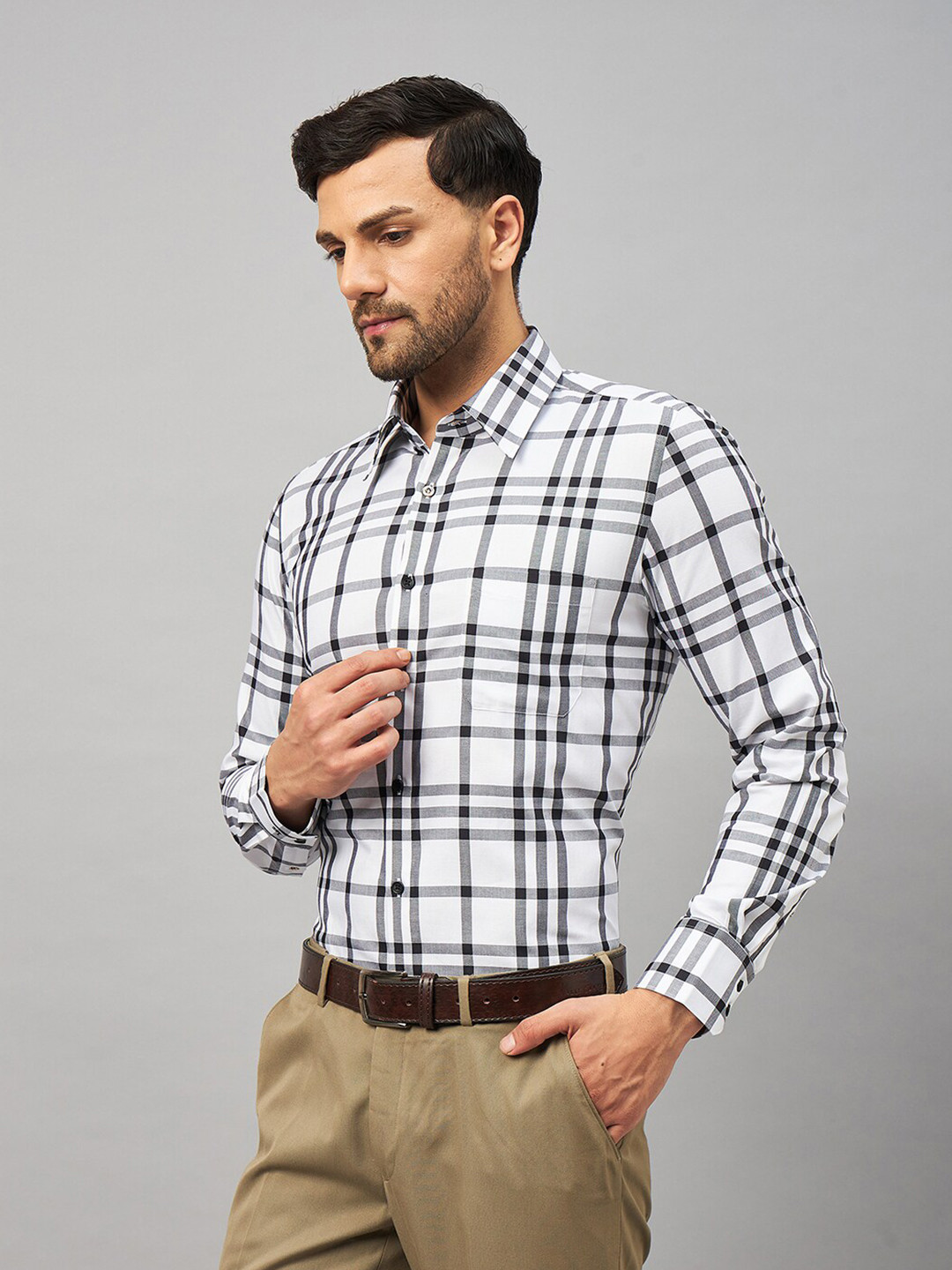 LOUIS STITCH Men White Comfort Tartan Checks Opaque Checked Formal Shirt