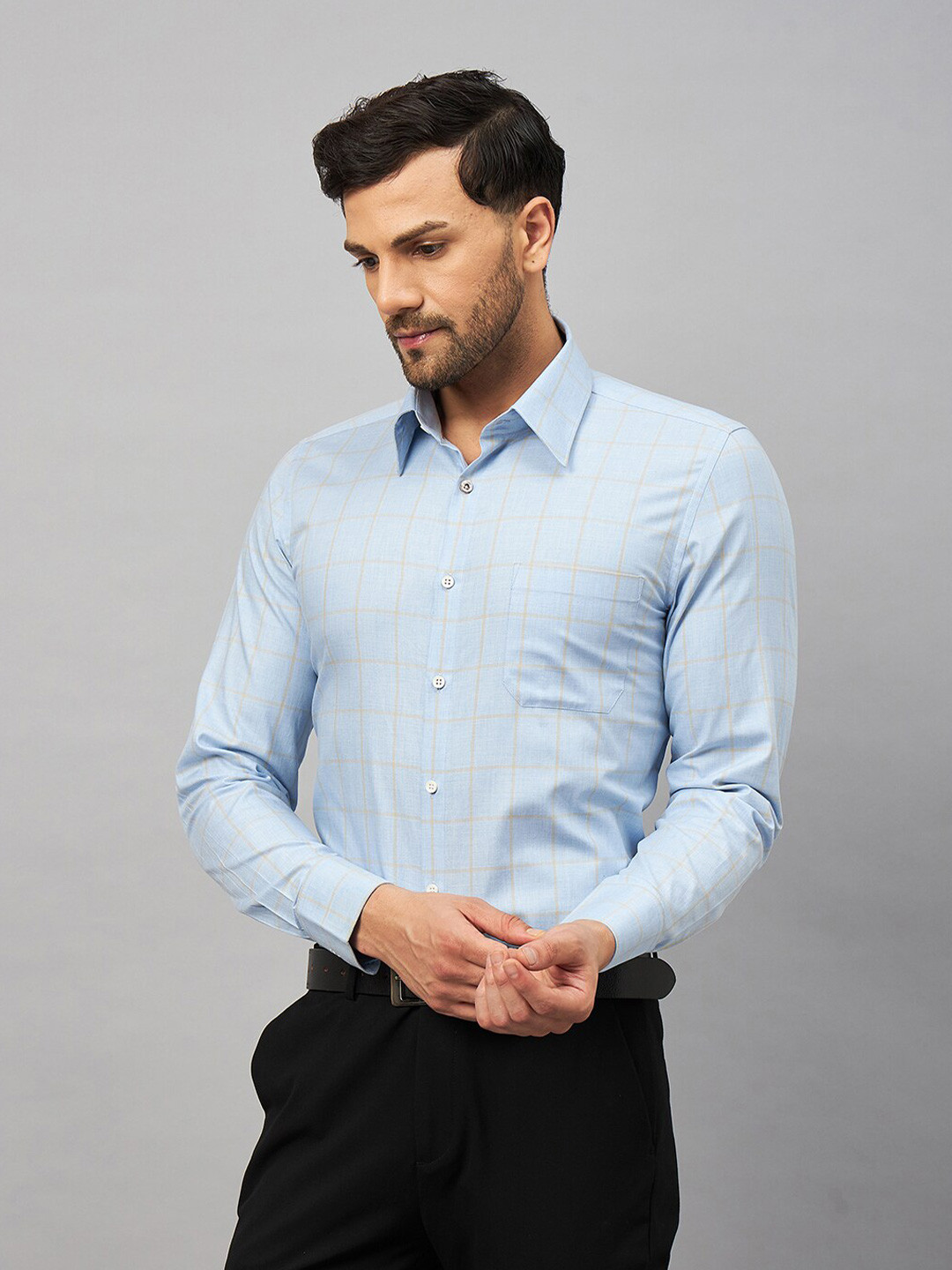 LOUIS STITCH Men Blue Comfort Grid Tattersall Checks Opaque Striped Formal Shirt