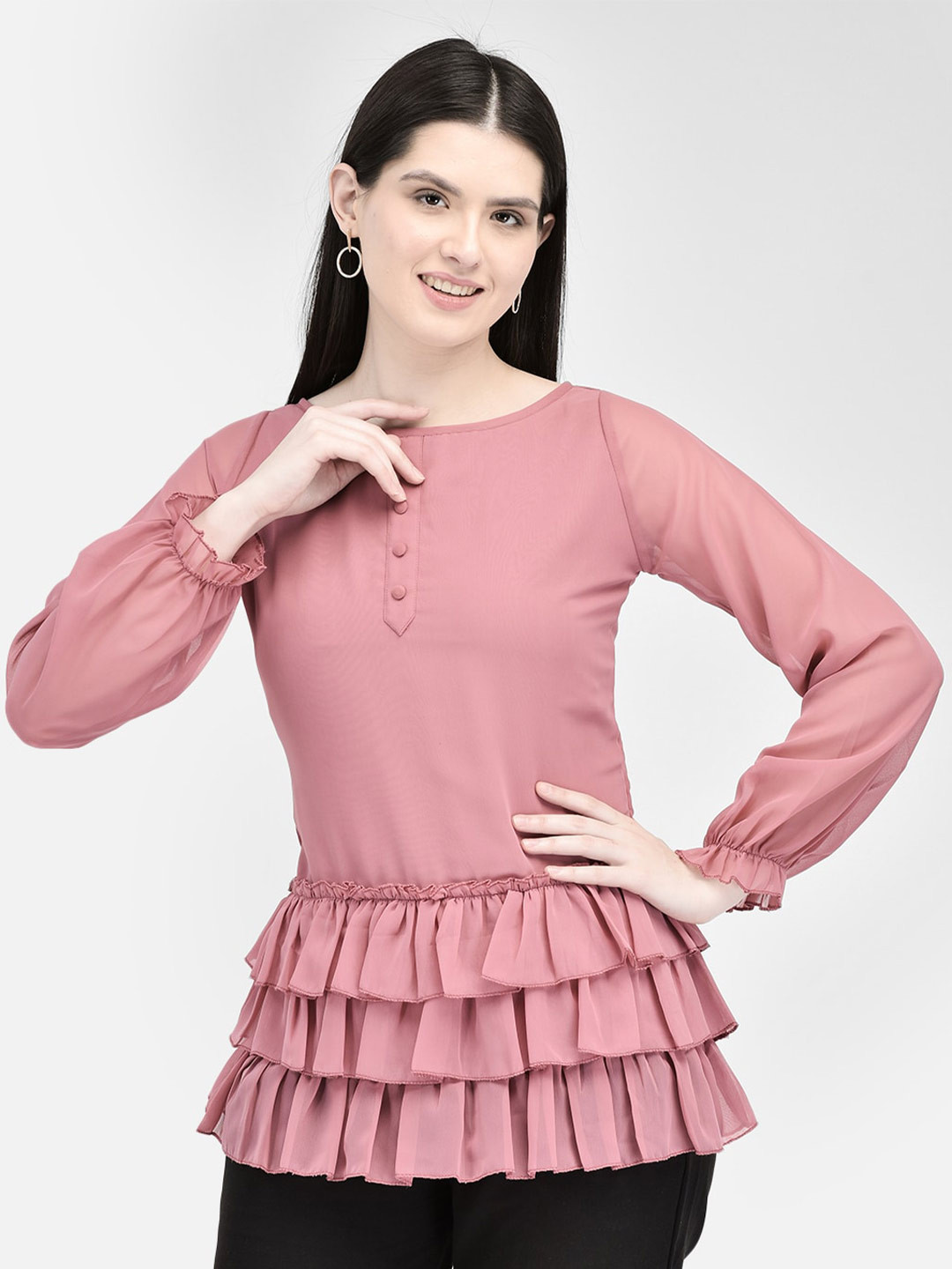 Eavan Puff Sleeve Ruffled & Layered Georgette Regular Top