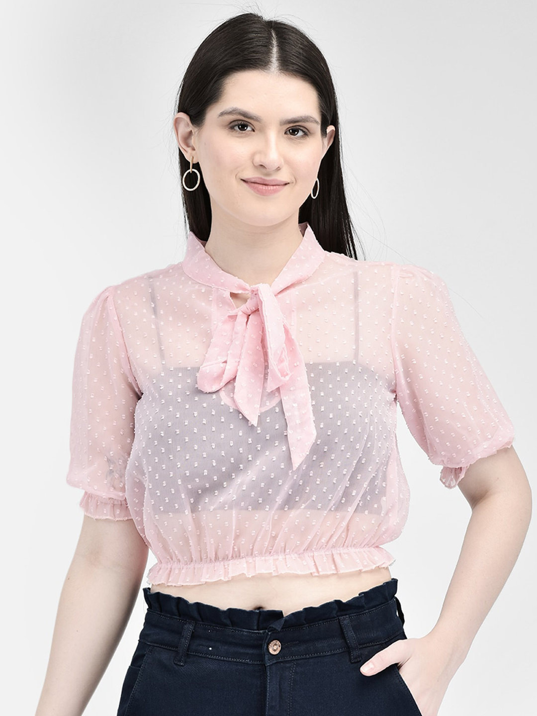 Eavan Self Design Tie-Up Neck Transparent Crop Top