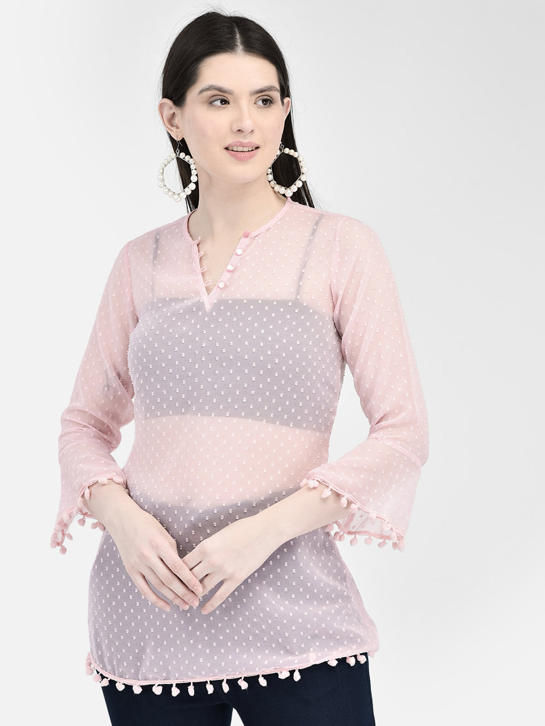 Eavan Self Design Bell Sleeve Transparent Top