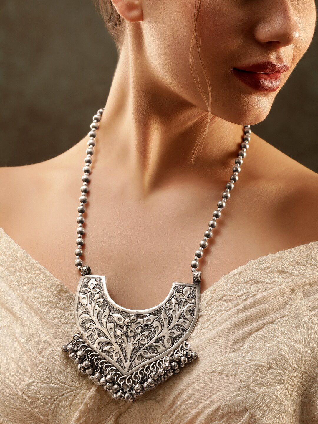 Rubans Silver-Plated Oxidised Antique Engraved Necklace with Beaded Detailing