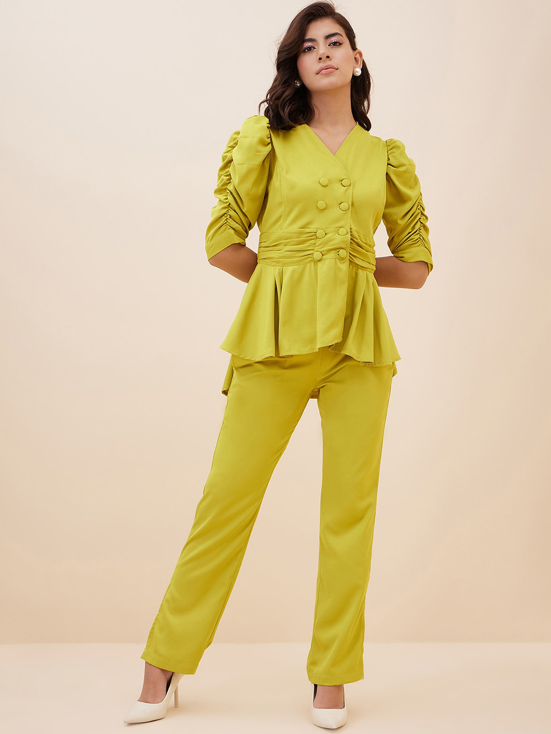 Antheaa Ruched Peplum Top With Trousers