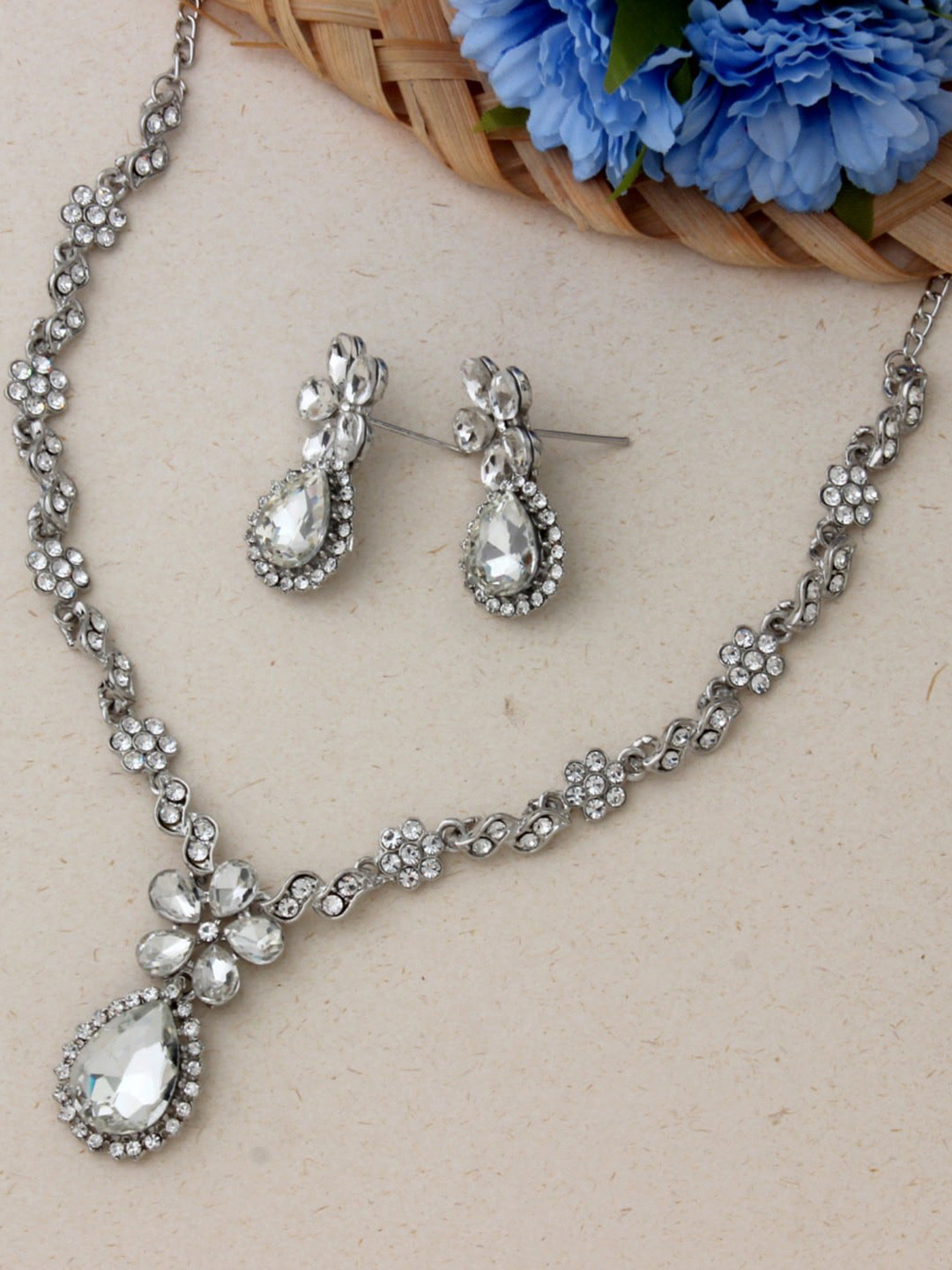 Atasi International Silver-Plated AD & Crystal-Studded Jewellery Set