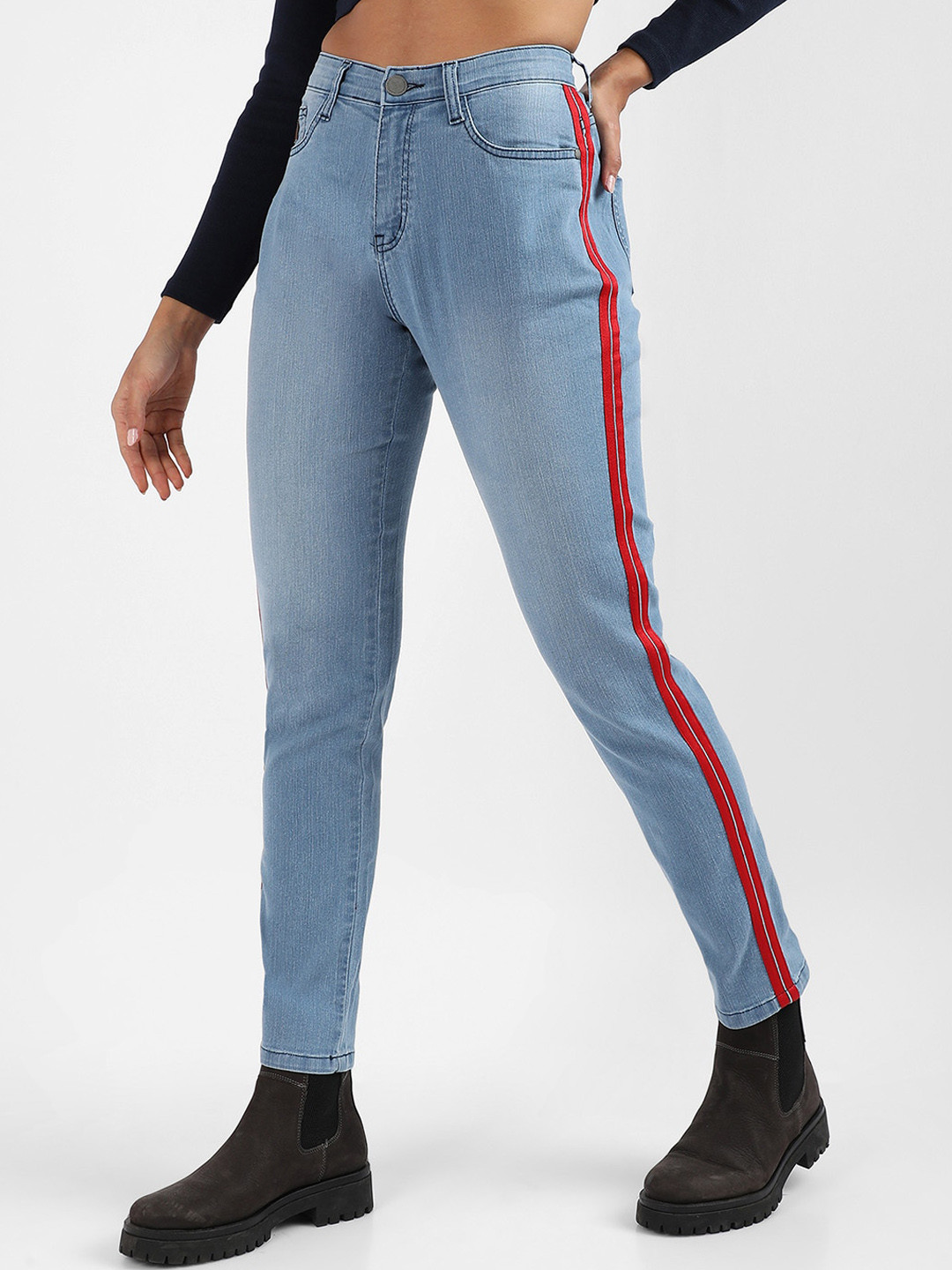Campus Sutra Women Smart Slim Fit Side Stripes Heavy Fade Cotton Stretchable Jeans