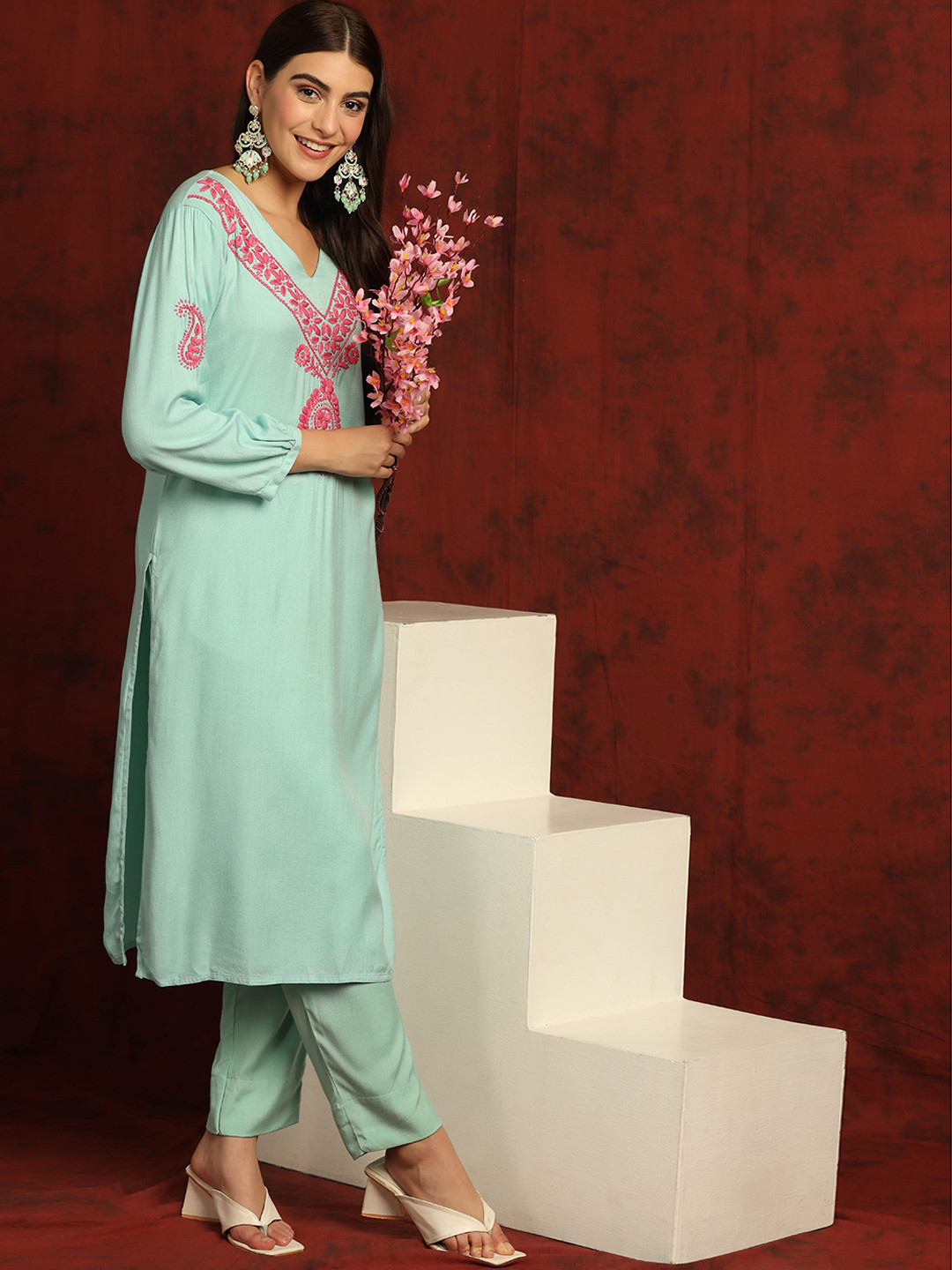 SHADES OF FAASHION Ethnic Motifs Yoke Design Chikankari V-Neck Pure Cotton Kurta with Salwar
