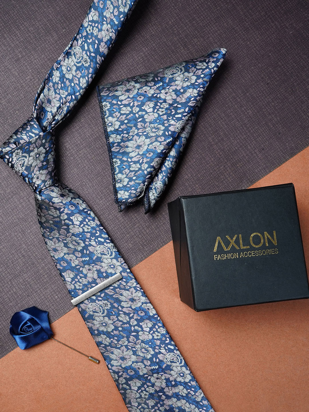 AXLON Men Woven Design Tie With Pocket Square, Tie Clip & Flower Pin