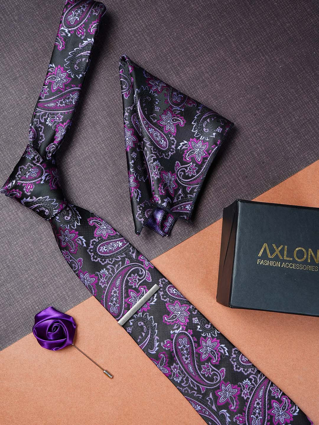 AXLON Men Woven Design Tie With Pocket Square, Tie Clip & Flower Pin