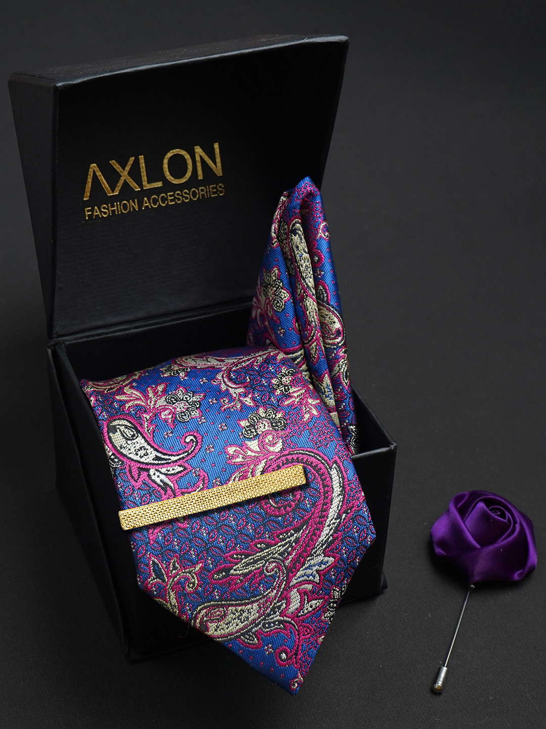 AXLON Men Paisley Woven Design Tie With Pocket Square,Tie Clip & Flower Pin