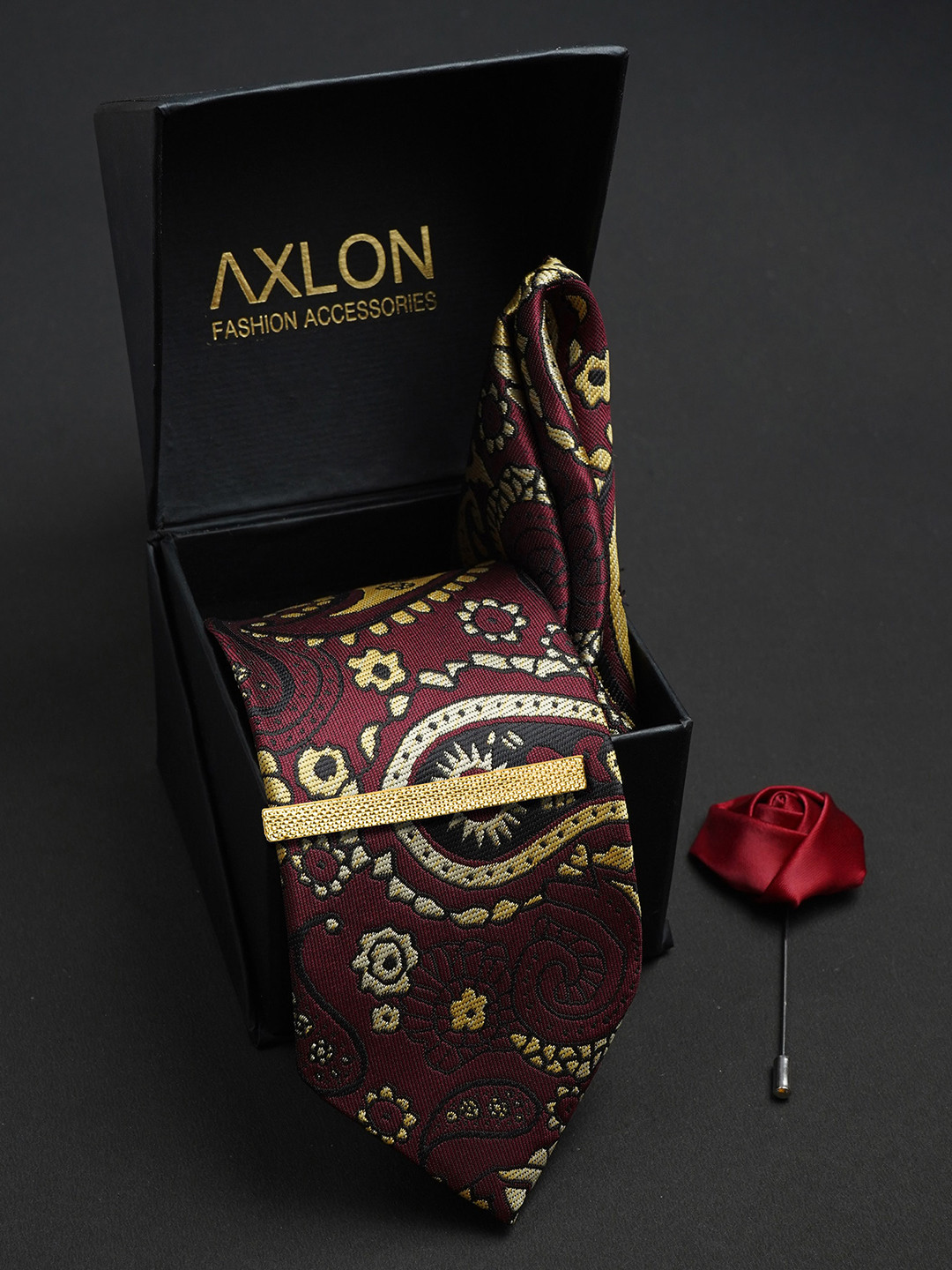 AXLON Men Paisley Woven Design Tie With Pocket Square,Tie Clip & Flower Pin