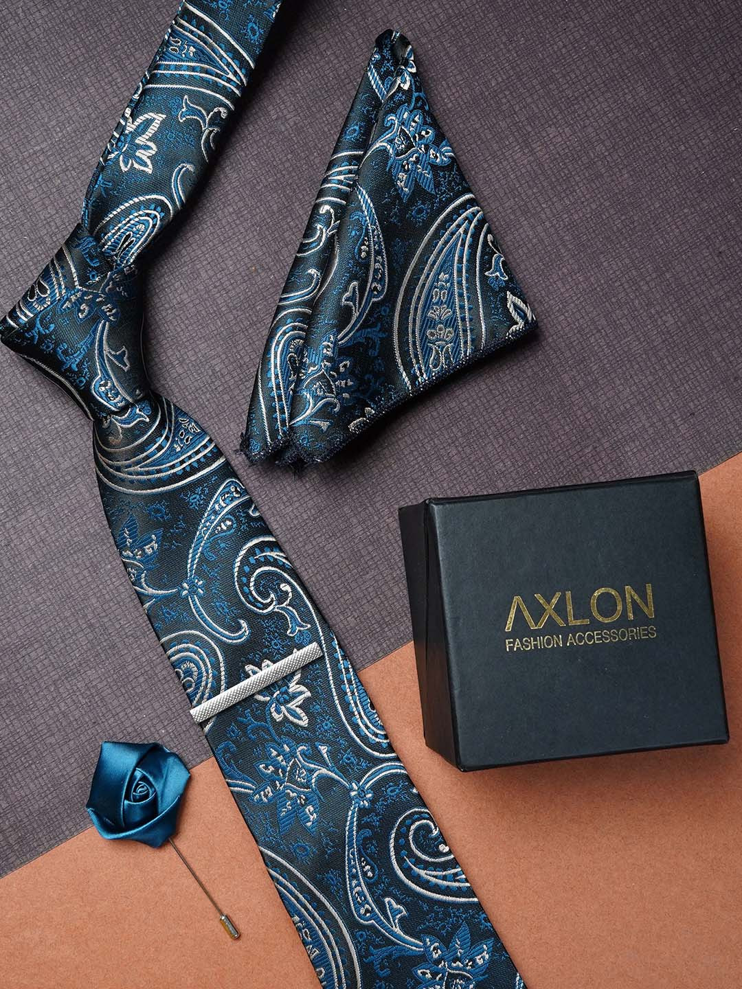 AXLON Men Pasiley Woven Design Pocket Square, Cufflink, Tie Clip & Flower Pin