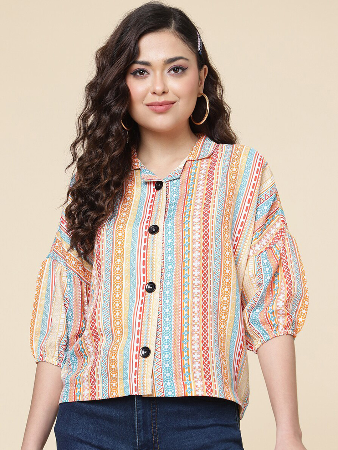 FashionsEye Printed Crepe Shirt Style Top