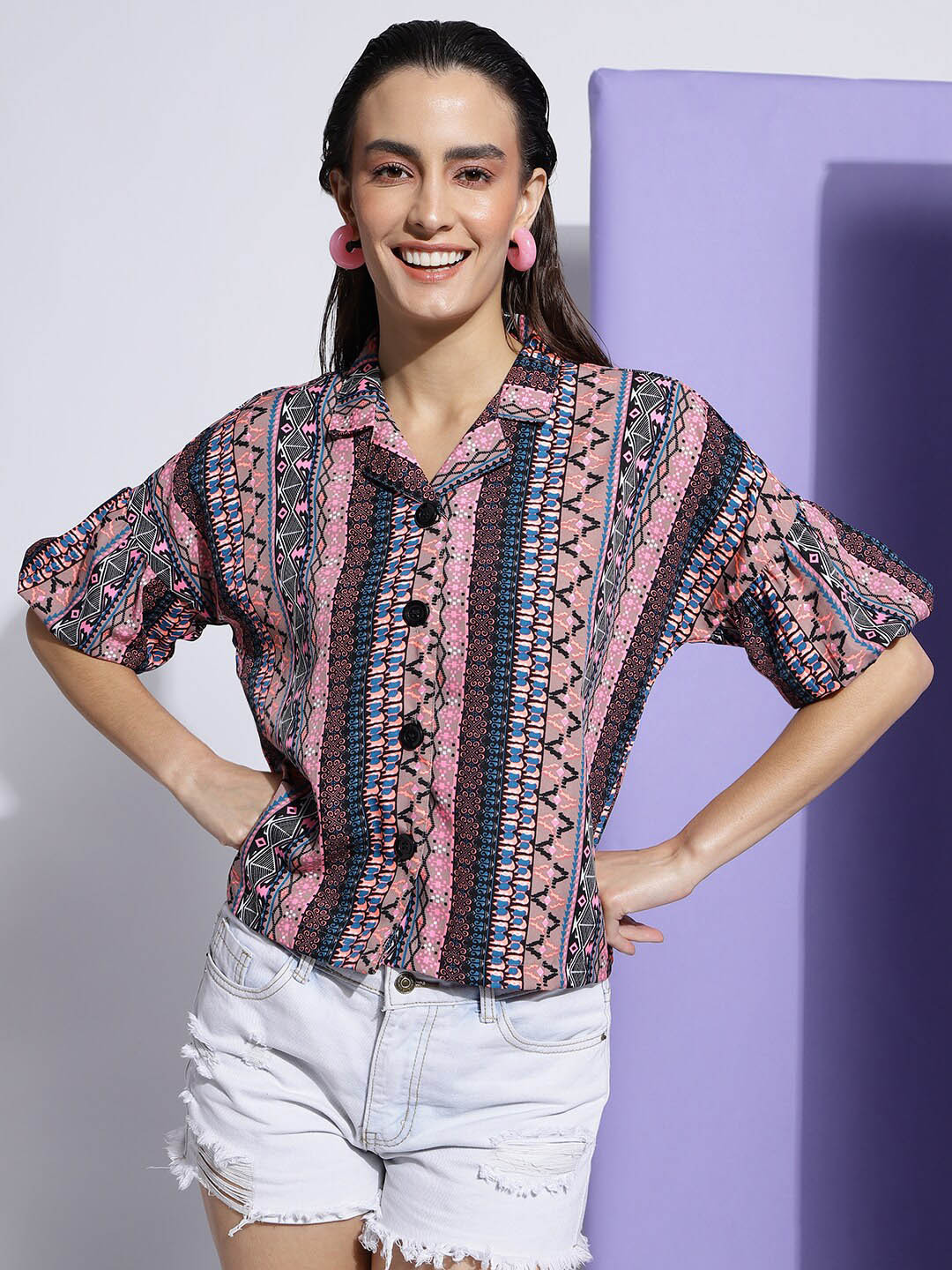 FashionsEye Tribal Printed Cuban Collar Puff Sleeve Shirt Style Top