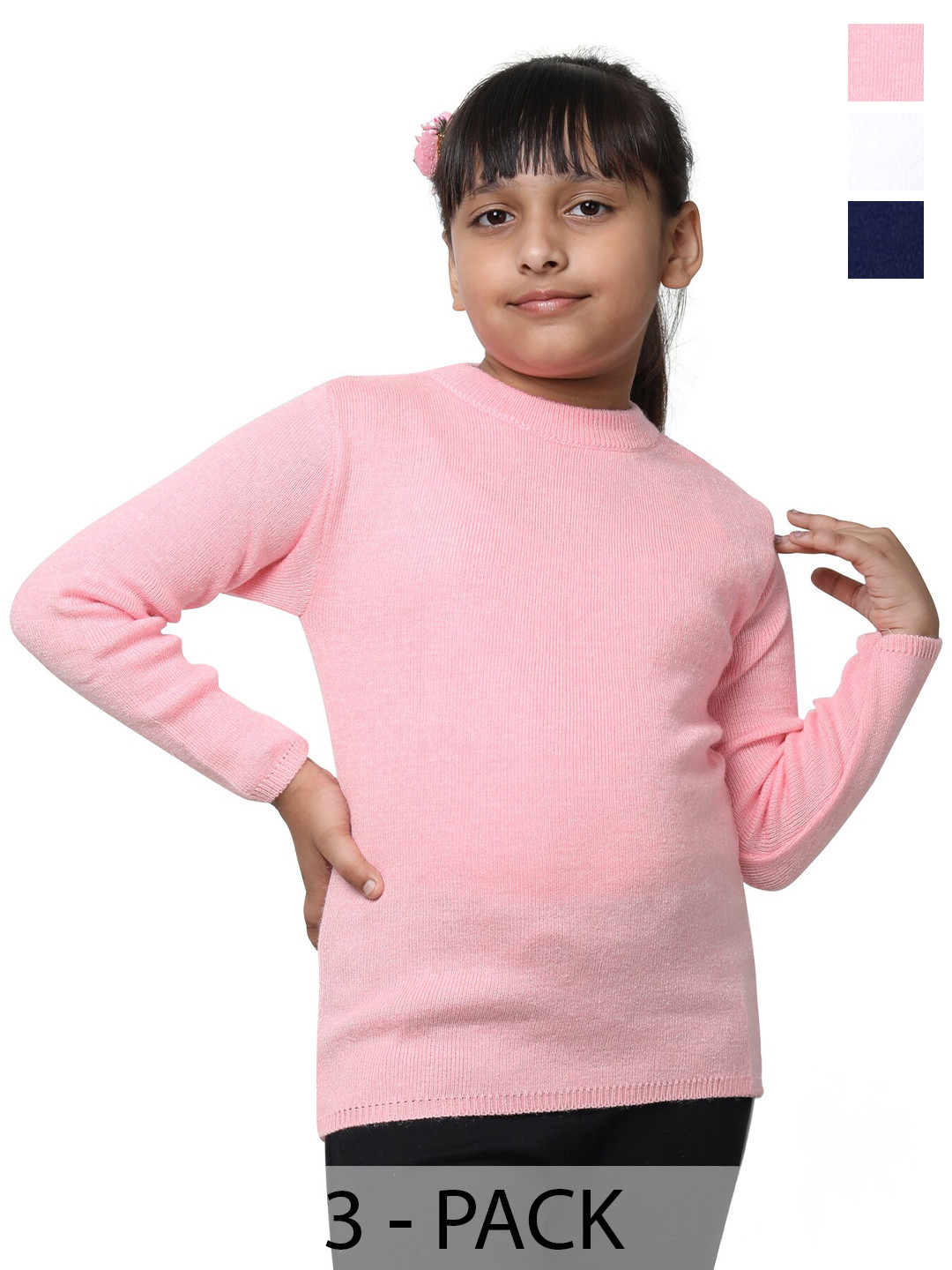IndiWeaves Girls Pack Of 3 Round Neck Long Sleeve Pullover Wool Sweaters