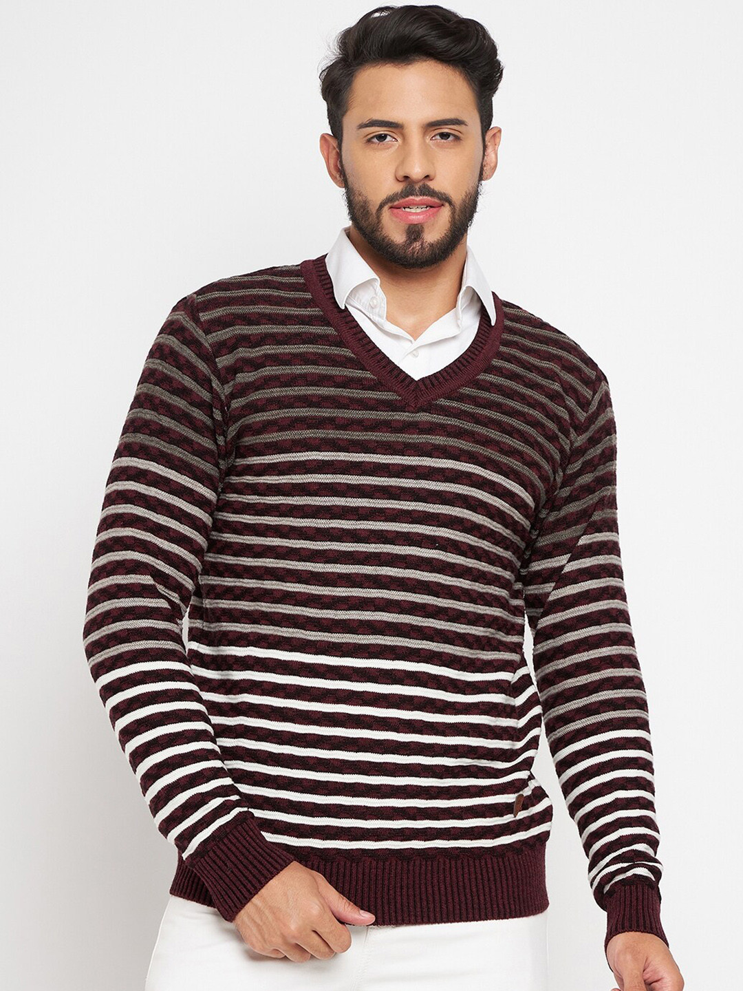 Duke Striped V-Neck Long Sleeves Acrylic Pullover Sweaters