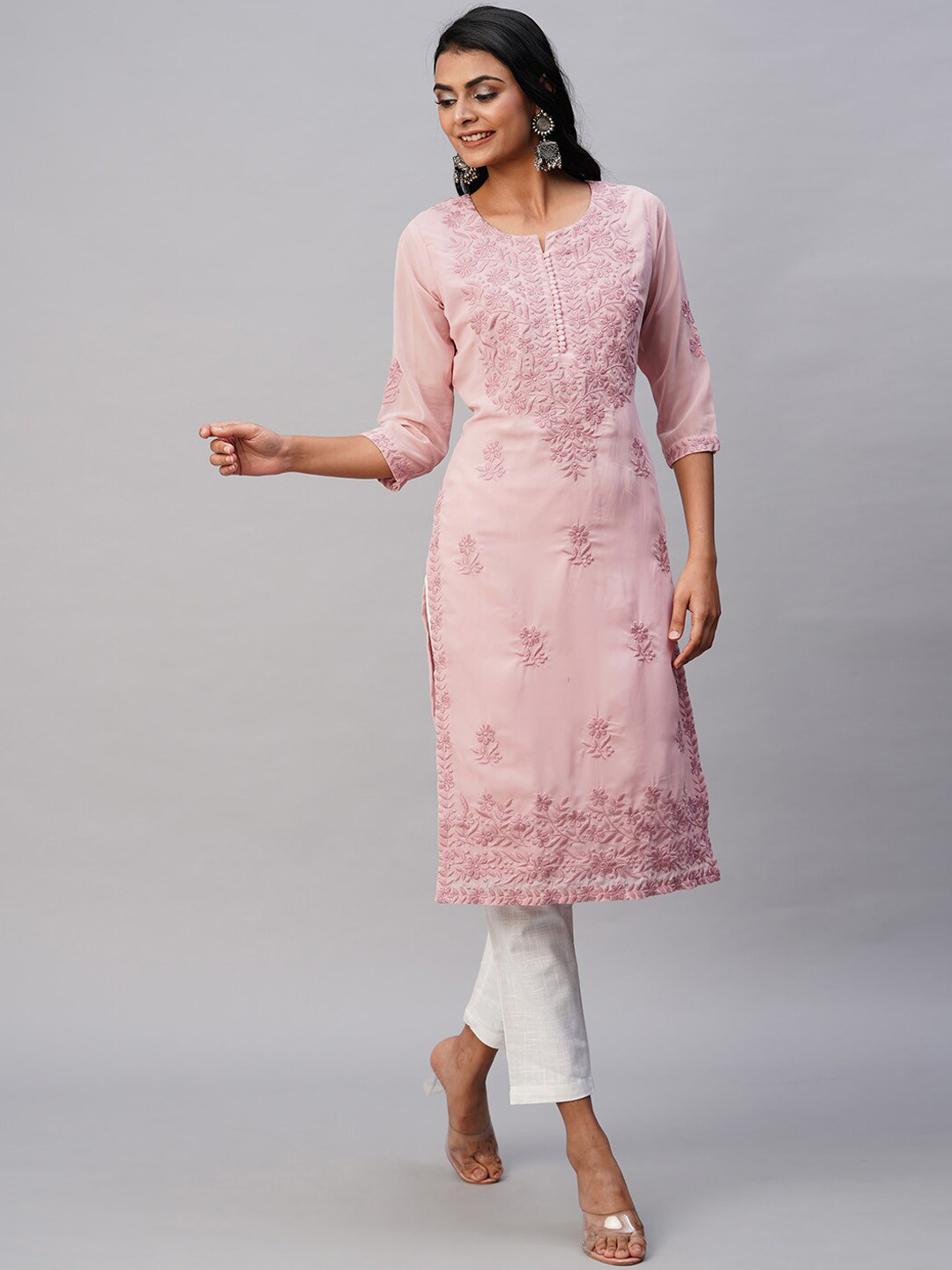 RATAN Ethnic Motifs Embroidered Pastel Georgette Kurta