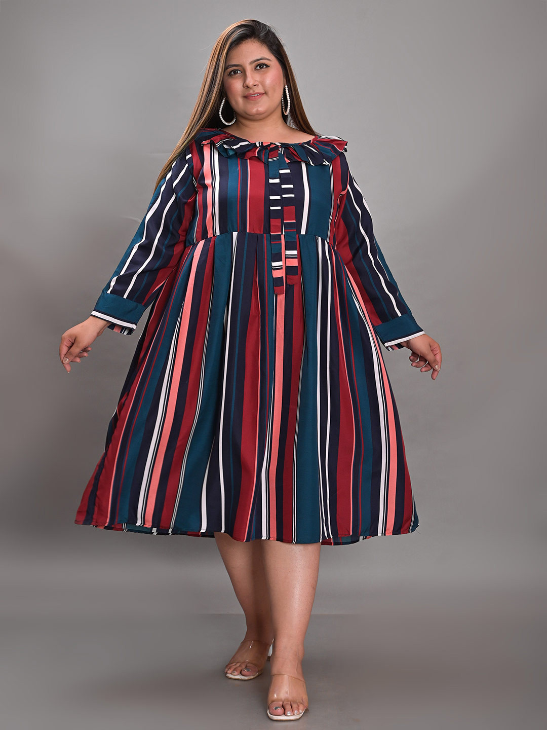 Girly Girls Plus Size Striped Tie-Up Neck Fit & Flare Midi Dress