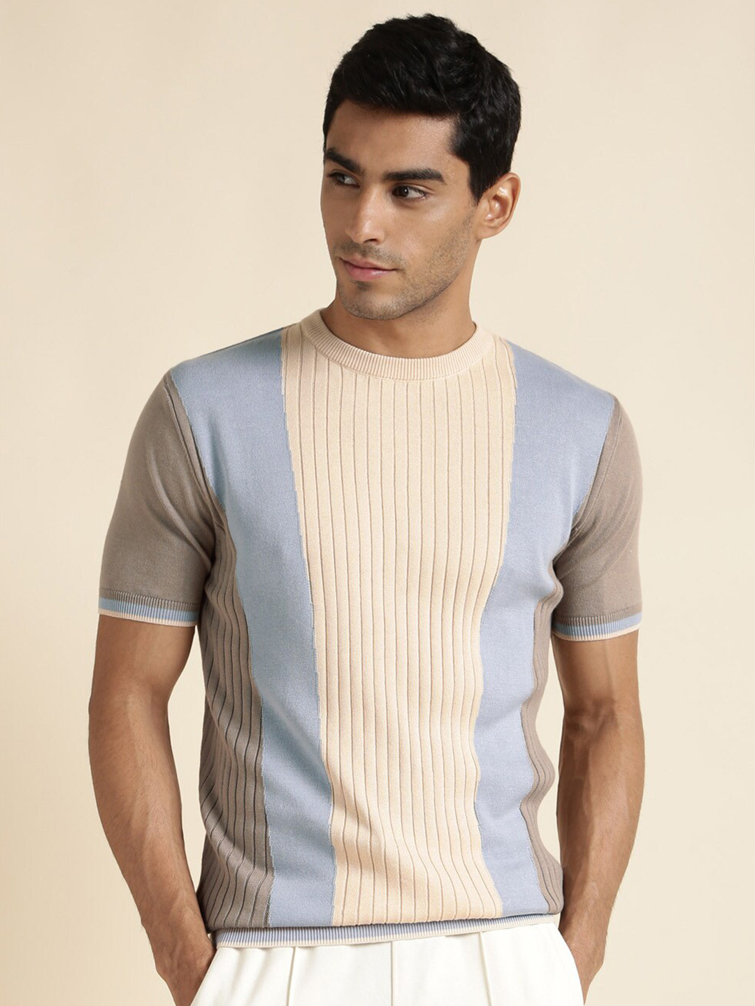 Andamen  Striped Crew Neck Short Sleeves Cotton T-shirt