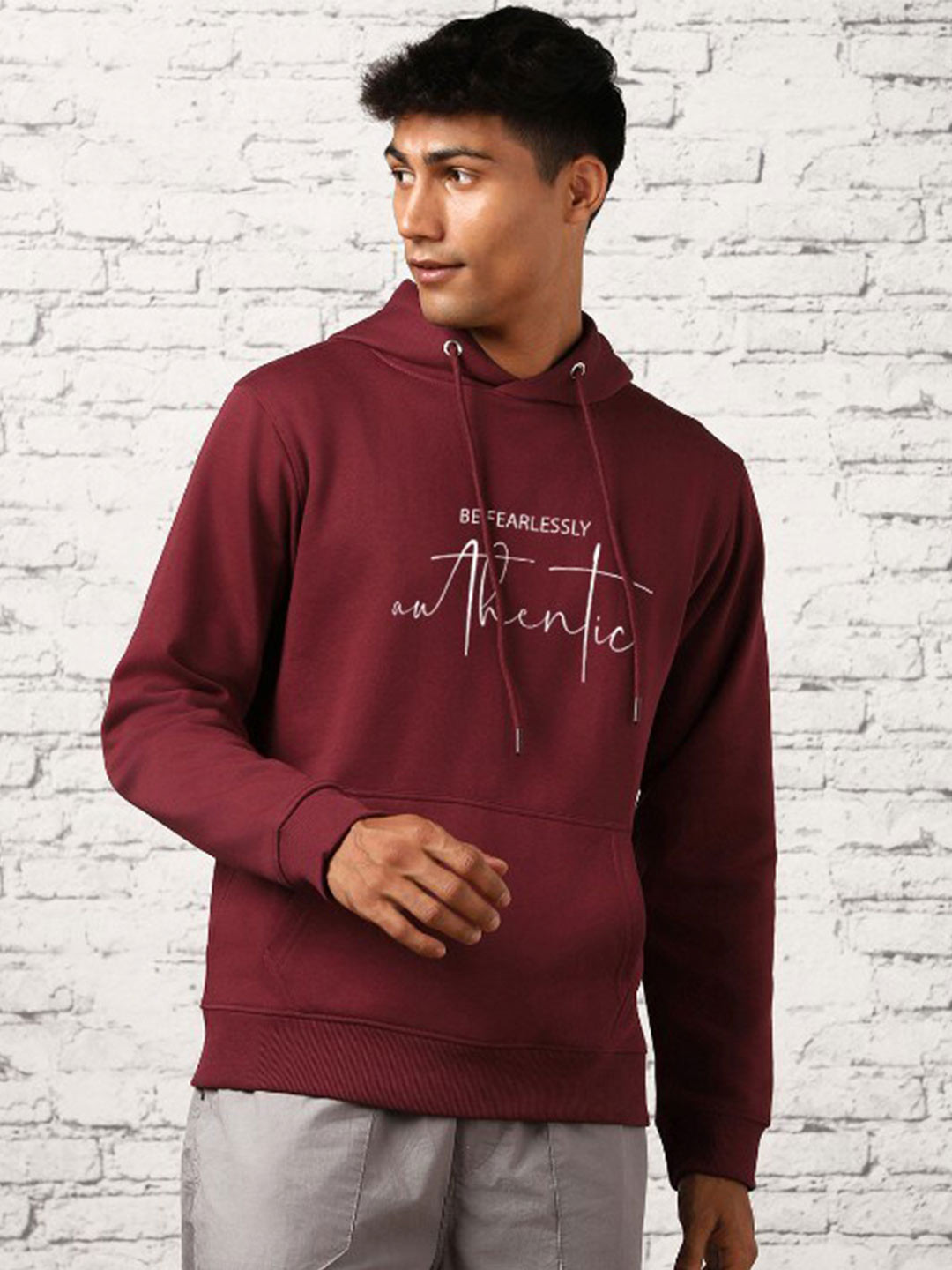NOBERO Typography Printed Hooded Long Sleeve Fleece Pullover Sweatshirt