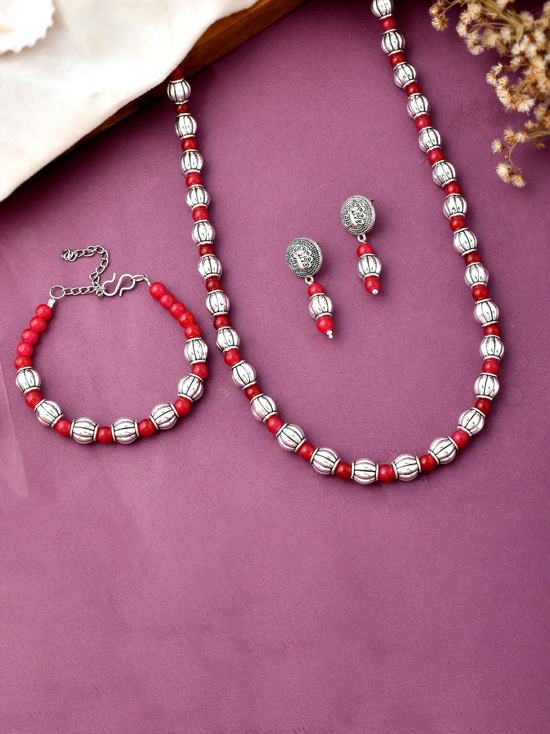 Ozanoo Oxidised Silver Plated Rajasthan Pattern Beaded Jewellery Set