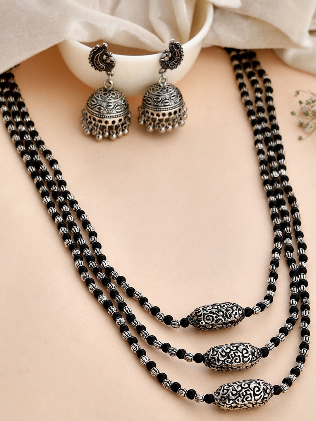 Ozanoo Oxidised Silver Plated Long Triple Layer Beaded Mala Jewellery Set