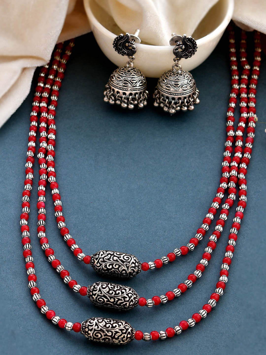 Ozanoo Oxidised Silver Plated Long Triple Layer Beaded Mala Jewellery Set