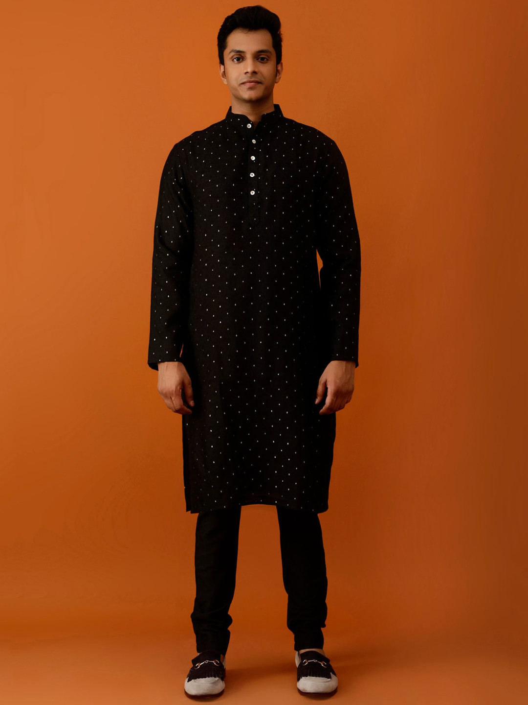 Streaks & Crosses Woven Design Mandarin Collar Straight Kurta with Churidar