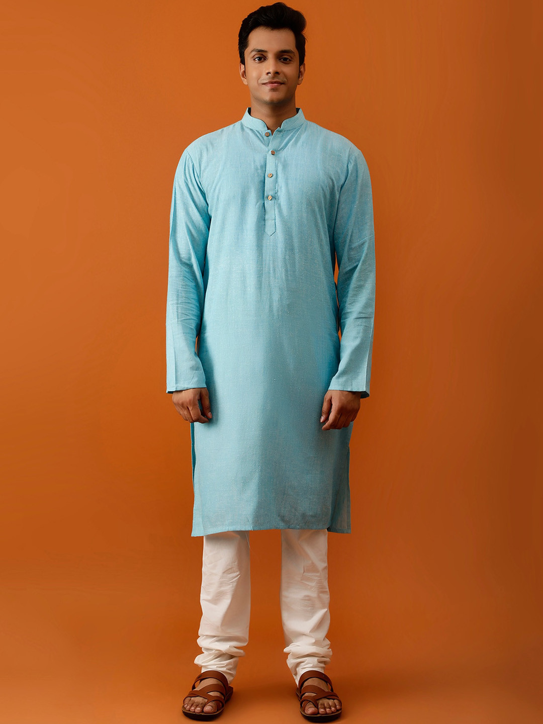 Streaks & Crosses Mandarin Collar Pure Cotton Kurta with Churidar