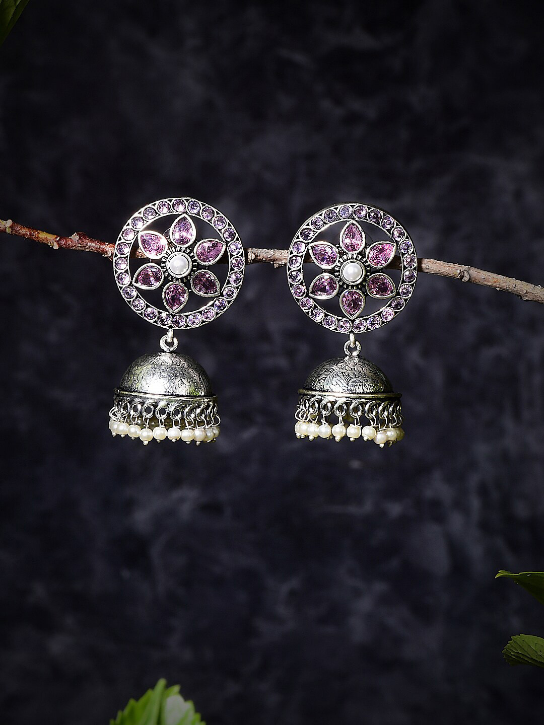 Bamboo Tree Jewels Silver Plated Dome Shaped Stone-Studded & Beaded Jhumkas