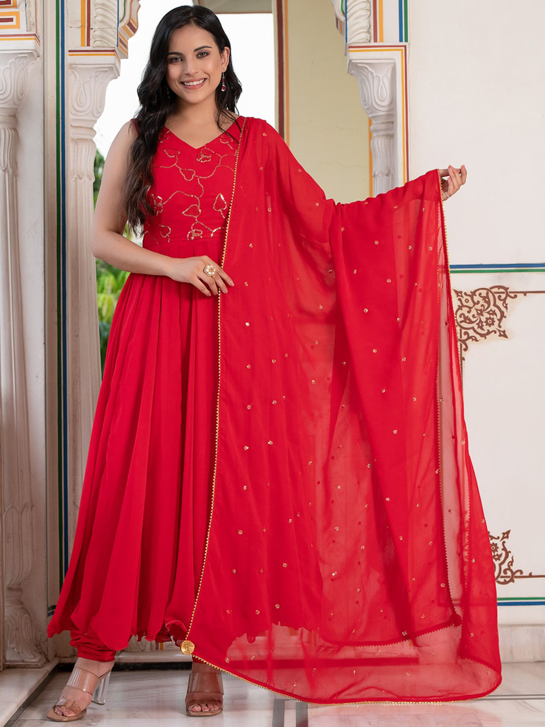 Indi INSIDE Red Floral Embroidered Anarkali Georgette Kurta with Churidar & Dupatta