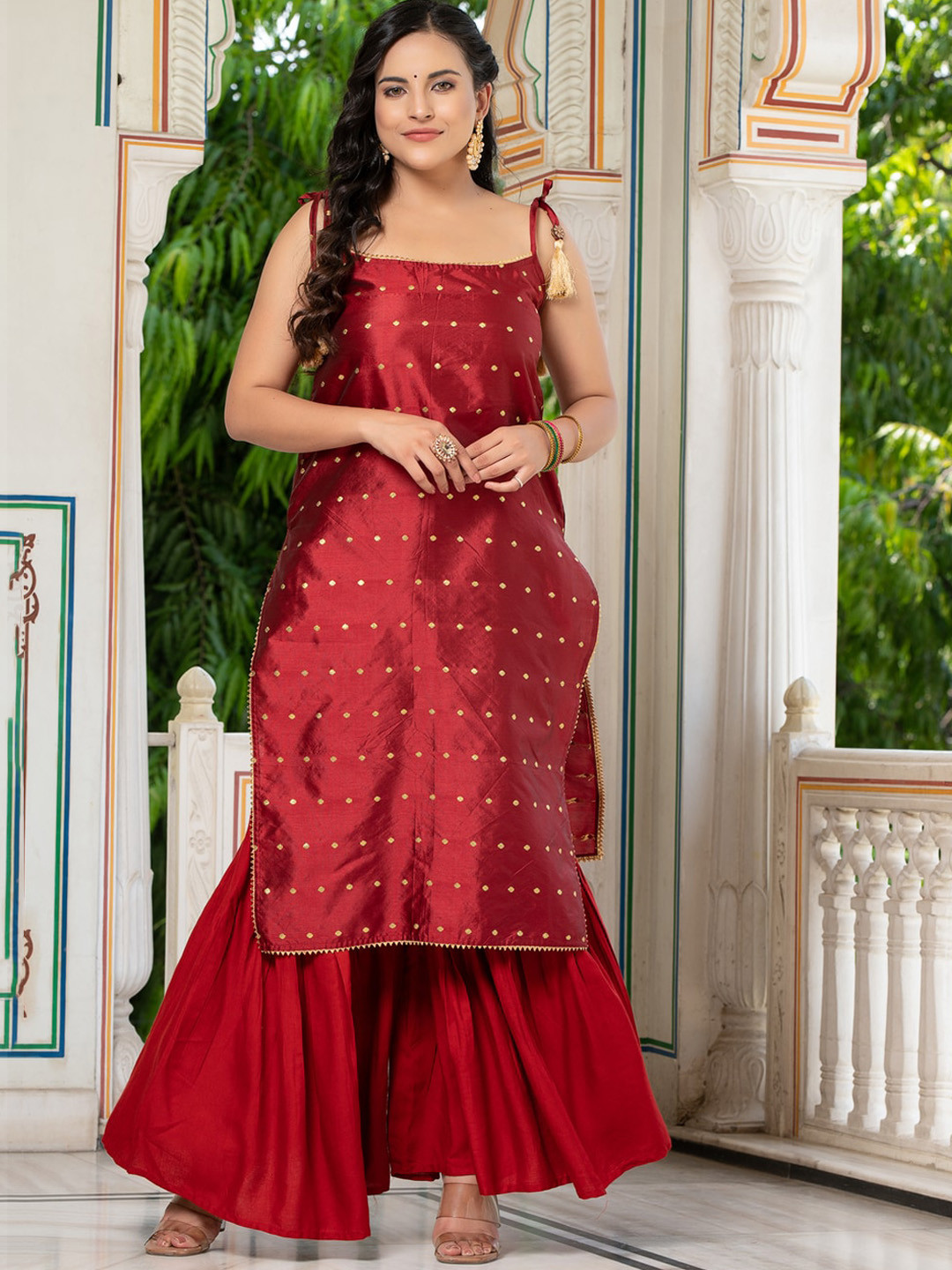 Indi INSIDE Maroon Ethnic Motifs Woven Design Gotta Patti Pure Silk Kurta with Sharara