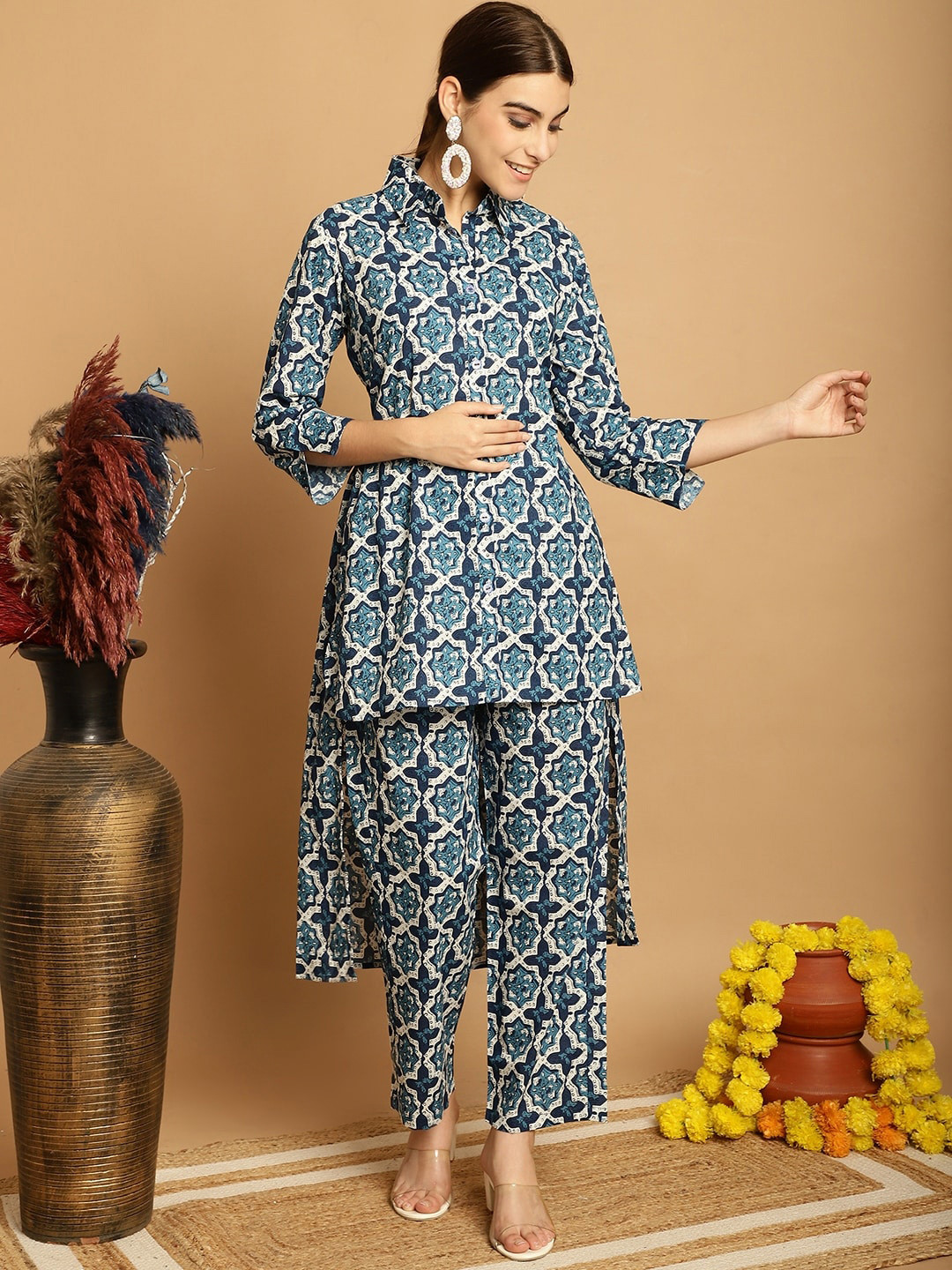 KALINI Ethnic Motifs Printed High Slit Shirt Collar Pure Cotton Kurta With Trousers