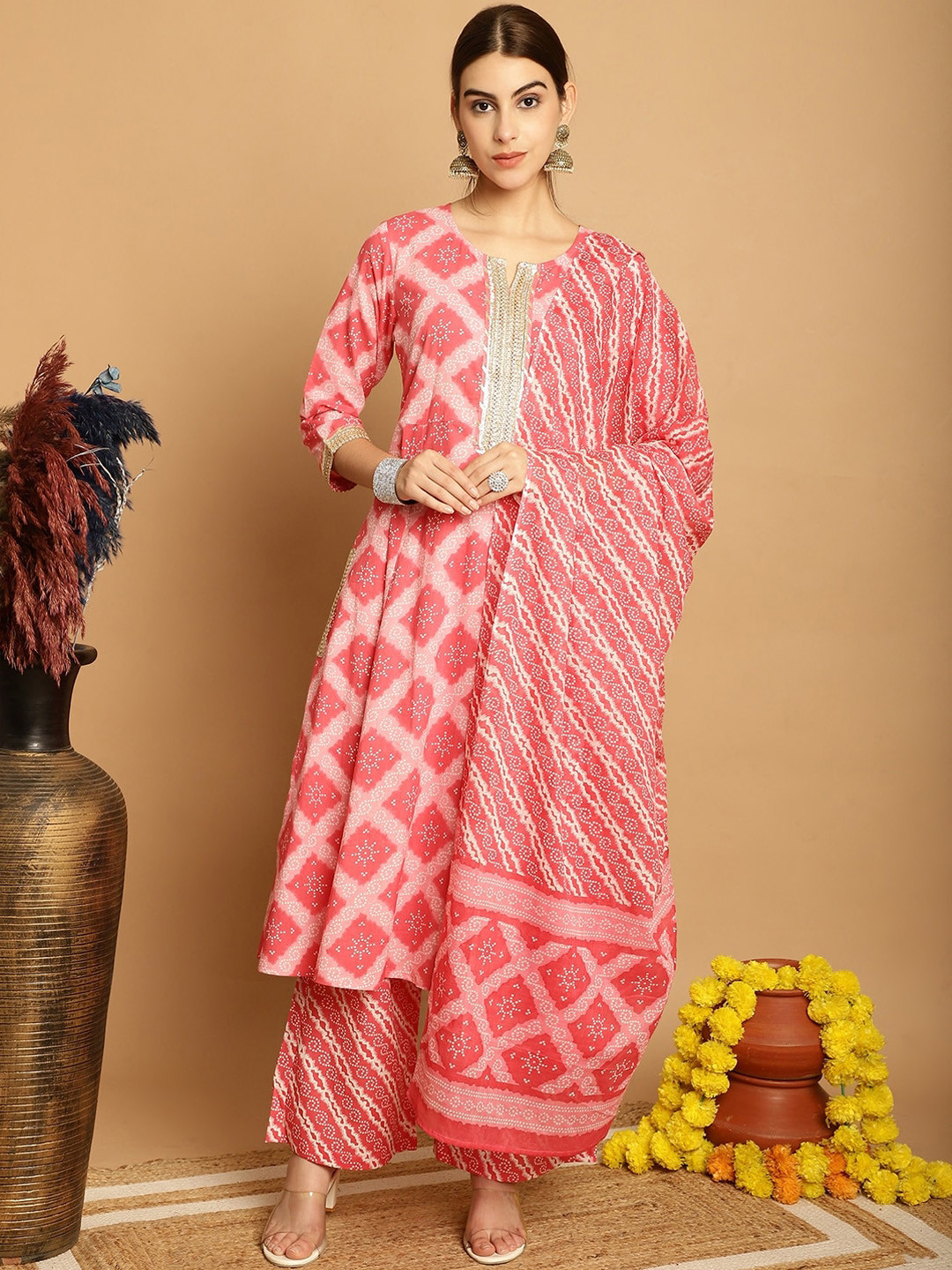 KALINI Bandahni Printed Regular Gotta Patti Pure Cotton Kurta With Palazzos & Dupatta