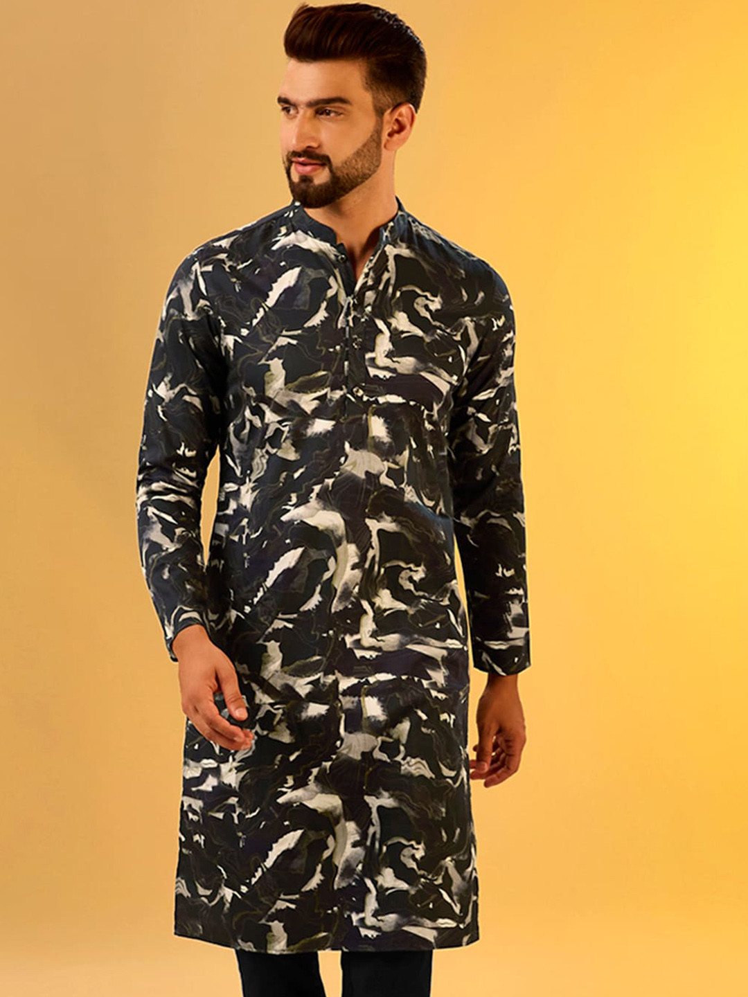 KISAH Abstract Mandarin Collar Printed Cotton Straight Kurta