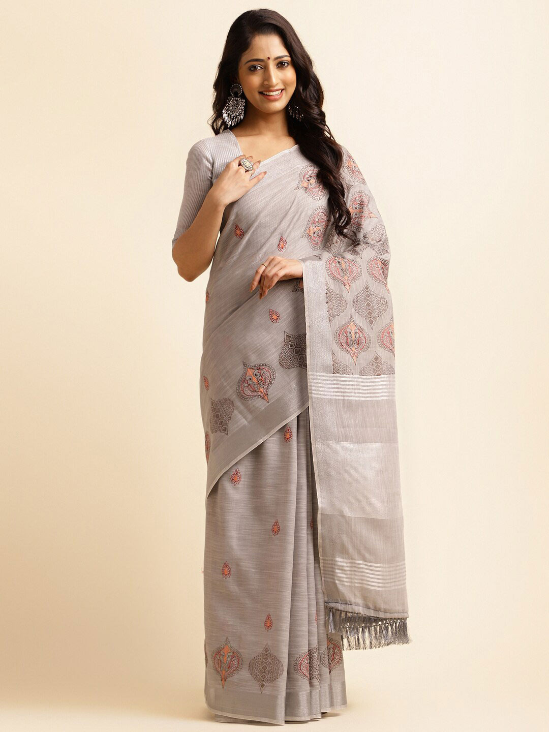 ALAGINI Ethnic Motifs Embroidered Zari Pure Linen Kasavu Saree