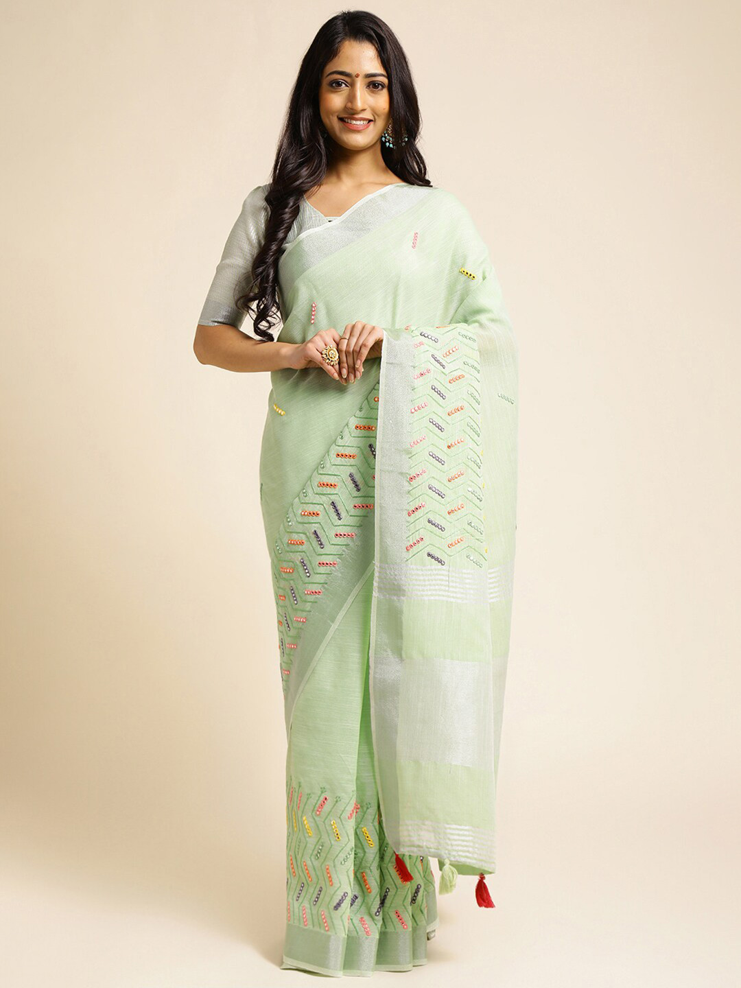 ALAGINI Geometric Embroidered Mirror Work Detailed Zari Pure Linen Saree