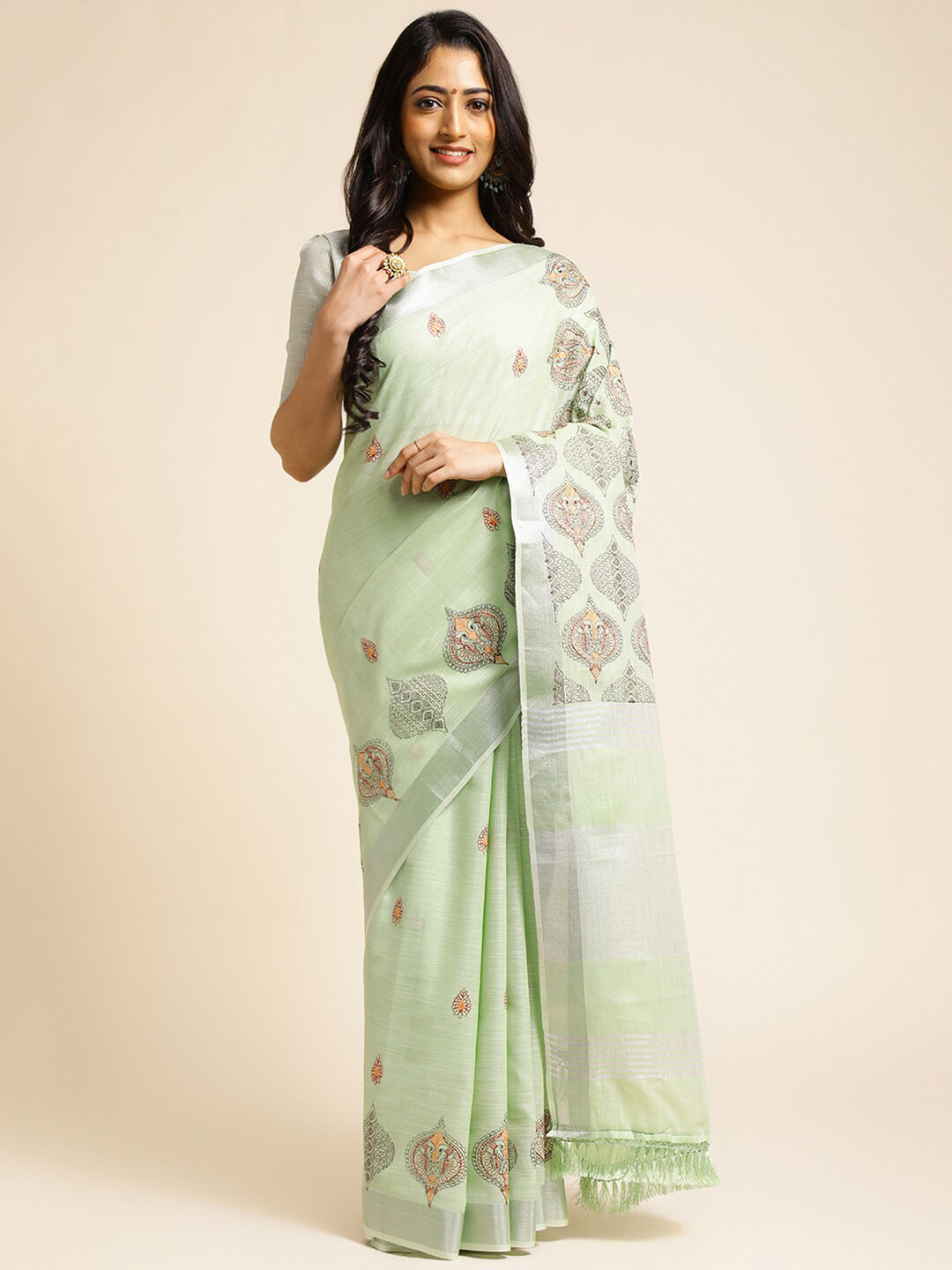 ALAGINI Ethnic Motifs Embroidered Zari Pure Linen Kasavu Saree