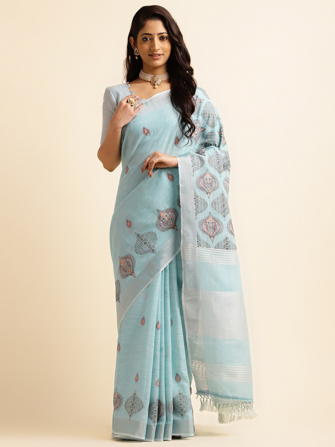 ALAGINI Ethnic Motifs Printed Zari Pure Linen Kasavu Saree