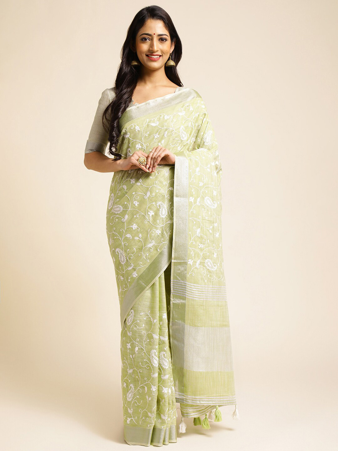 ALAGINI Ethnic Motifs Embroidered Pure Linen Jamdani Saree