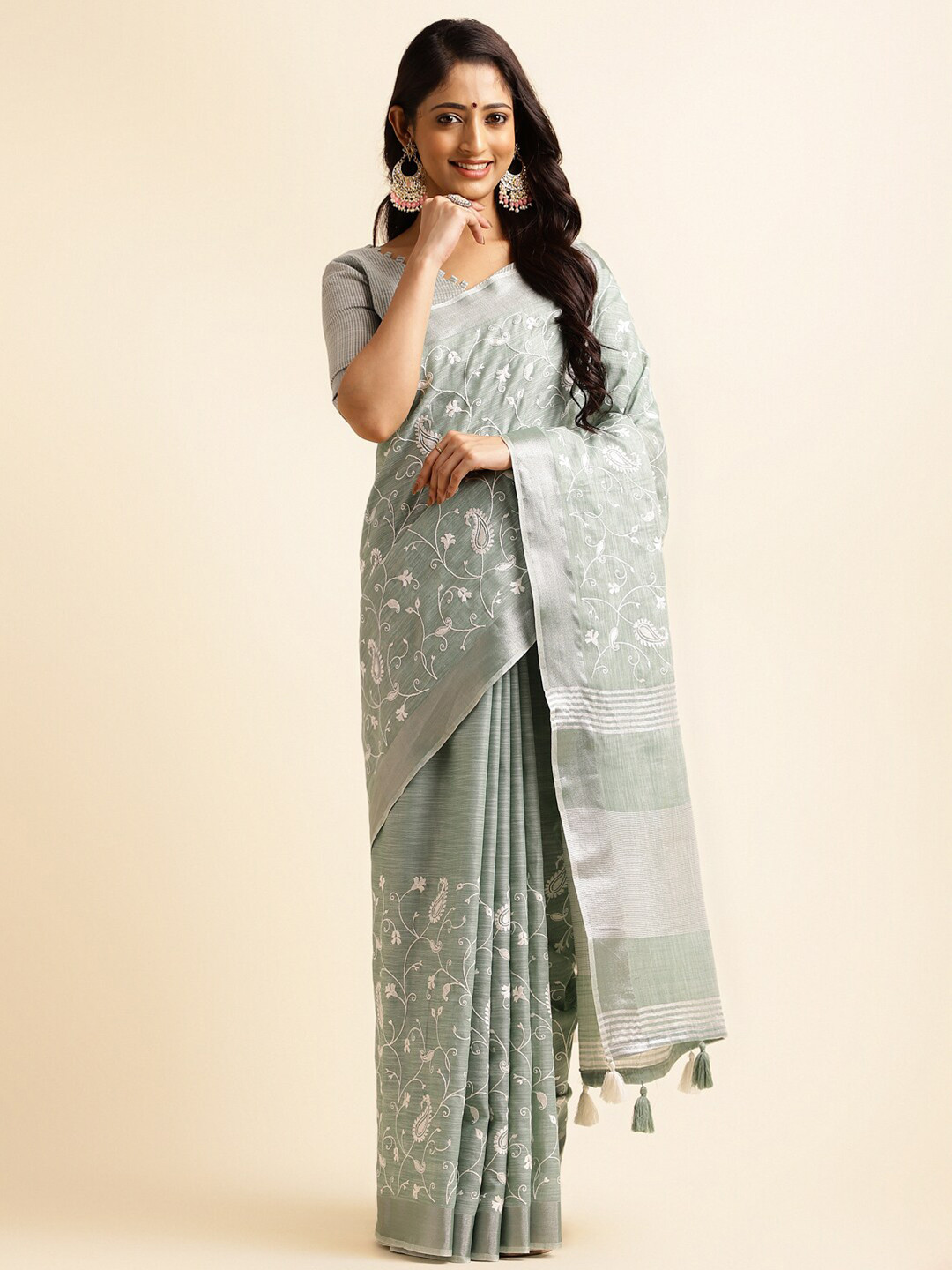 ALAGINI Paisley Embroidered Zari Pure Linen Jamdani Saree