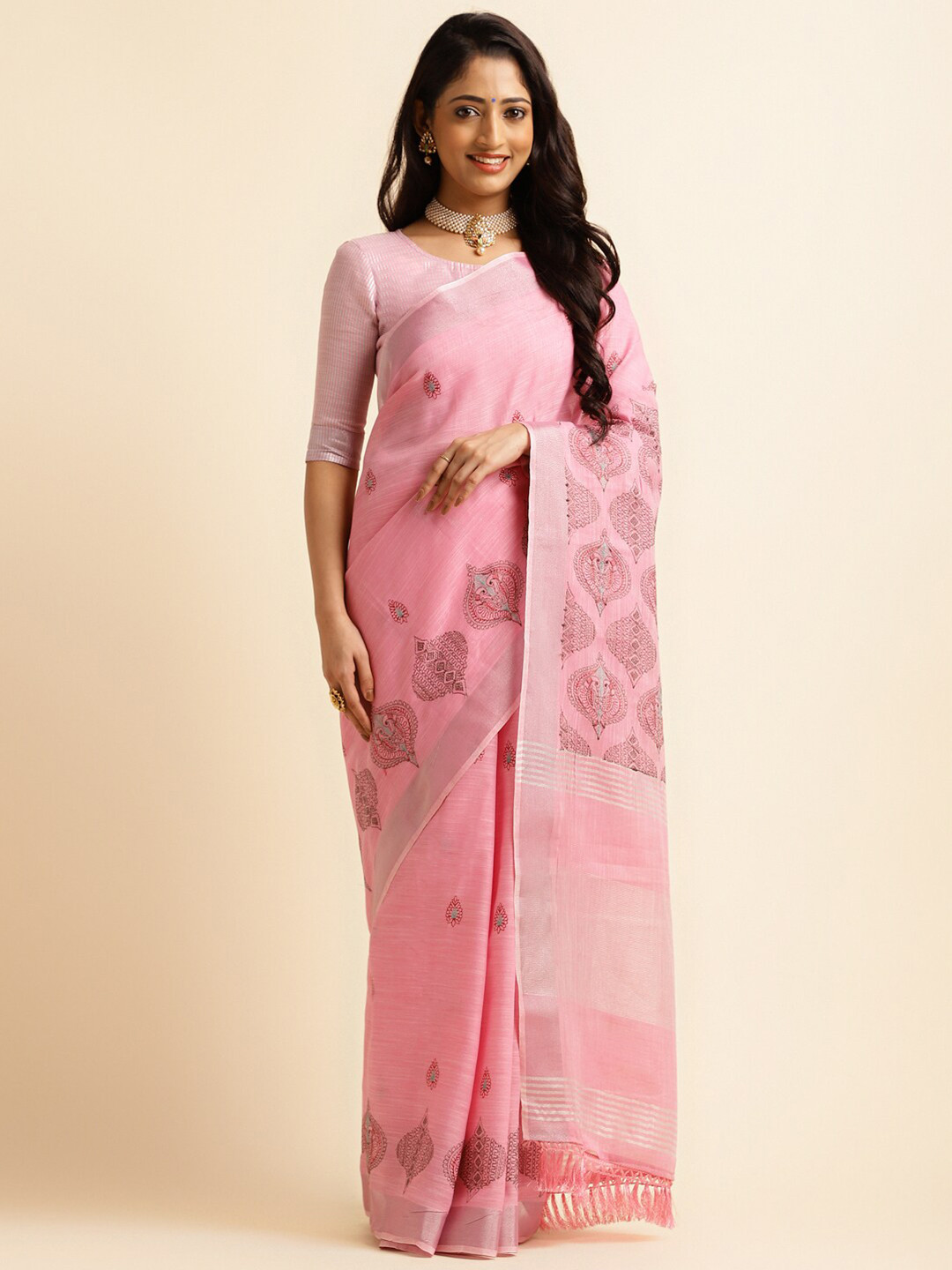 ALAGINI Ethnic Motifs Embroidered Zari Pure Linen Kasavu Saree