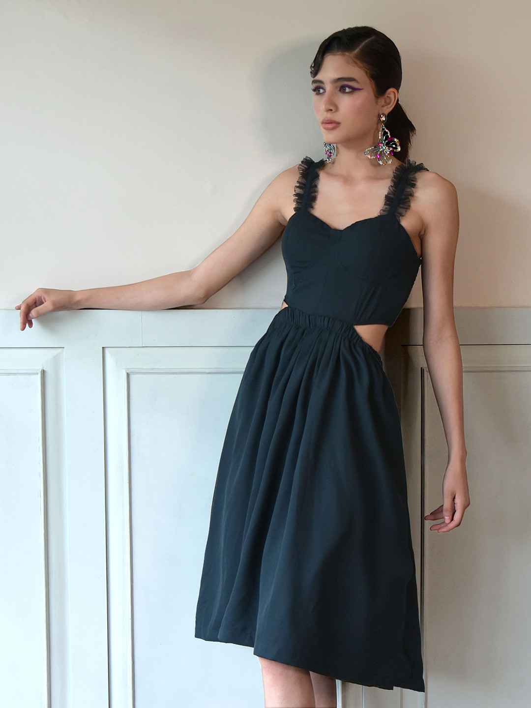 BLANC9 Shoulder Straps Smocked & Cut Out Fit & Flare Dress