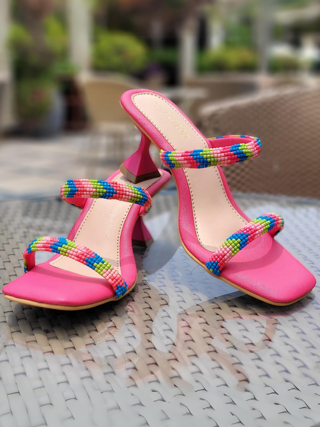 TIC TAC TOE Embellished Square Toe Kitten Heels