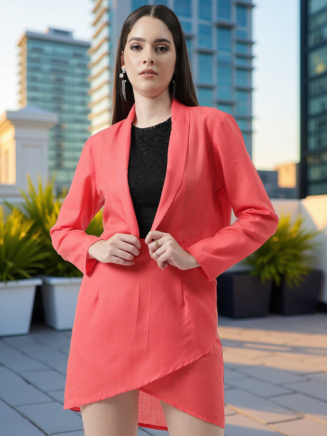 Zima Leto Long Sleeves Shawl Neck Blazer With Petal Design Skirt