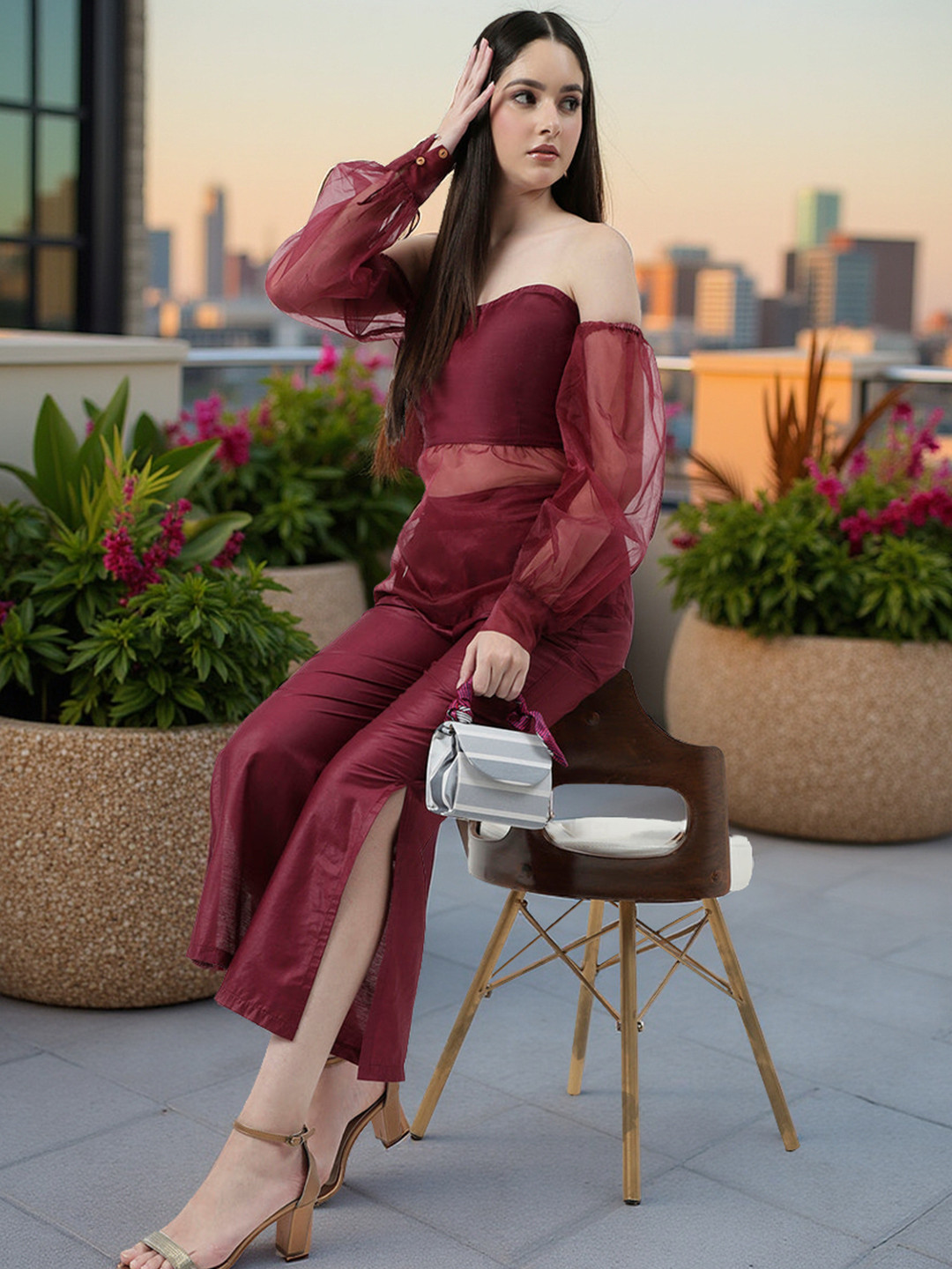 Zima Leto Off-Shoulder Tube Top With Sheer Stylish Sleeves & Trouser Co-Ords Set